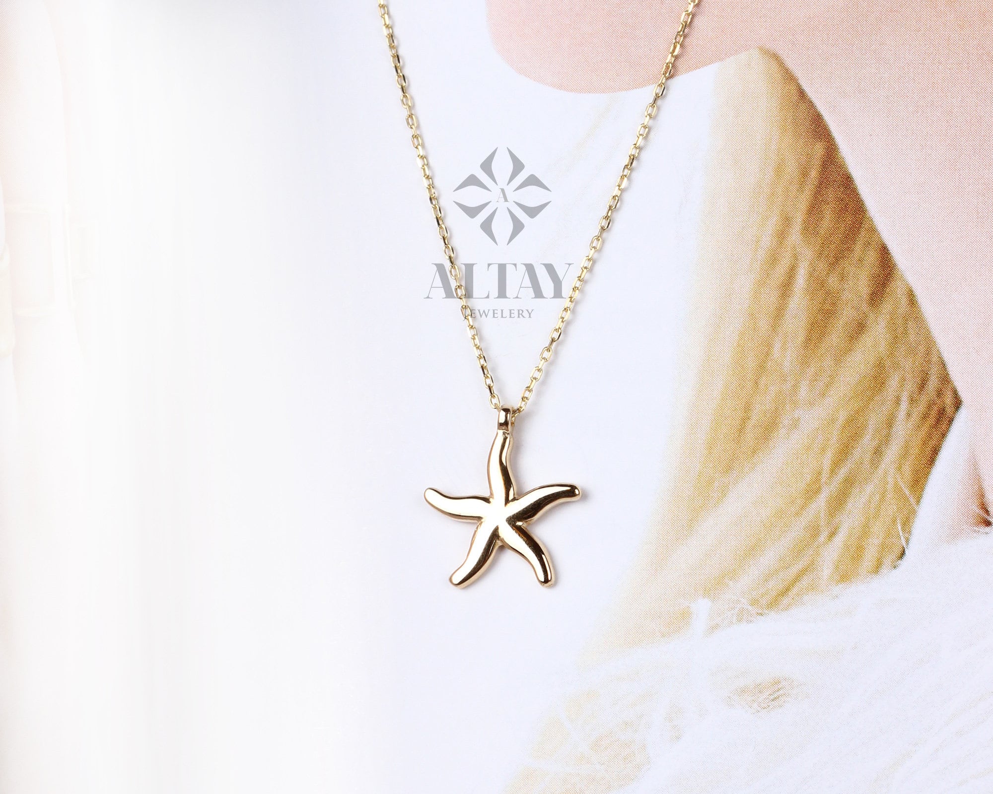 14K Gold Starfish Necklace, Tiny Starfish Pendant, Gold Starfish Charm,Star Sign Necklace, Delicate Starfish Choker, Beach Jewelry