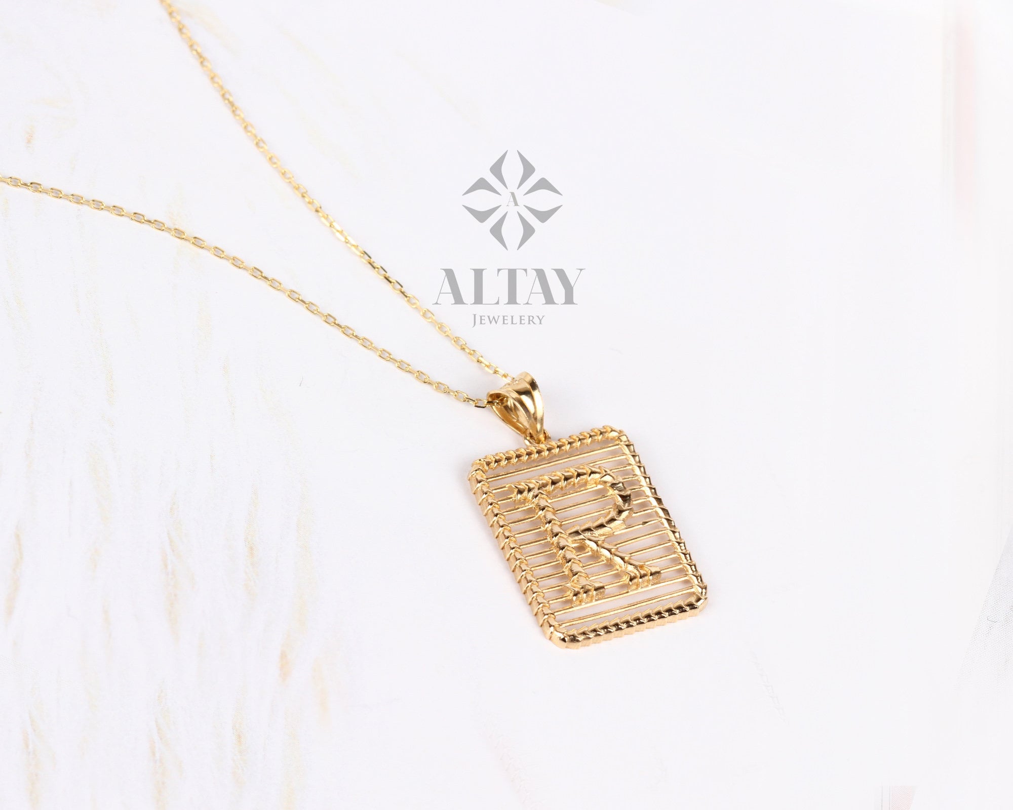 14K Gold Initial Necklace, Gold Letter Necklace, Square Lined Letter, Personalized Custom Necklace, Medallion Necklace, Gift For Her Him