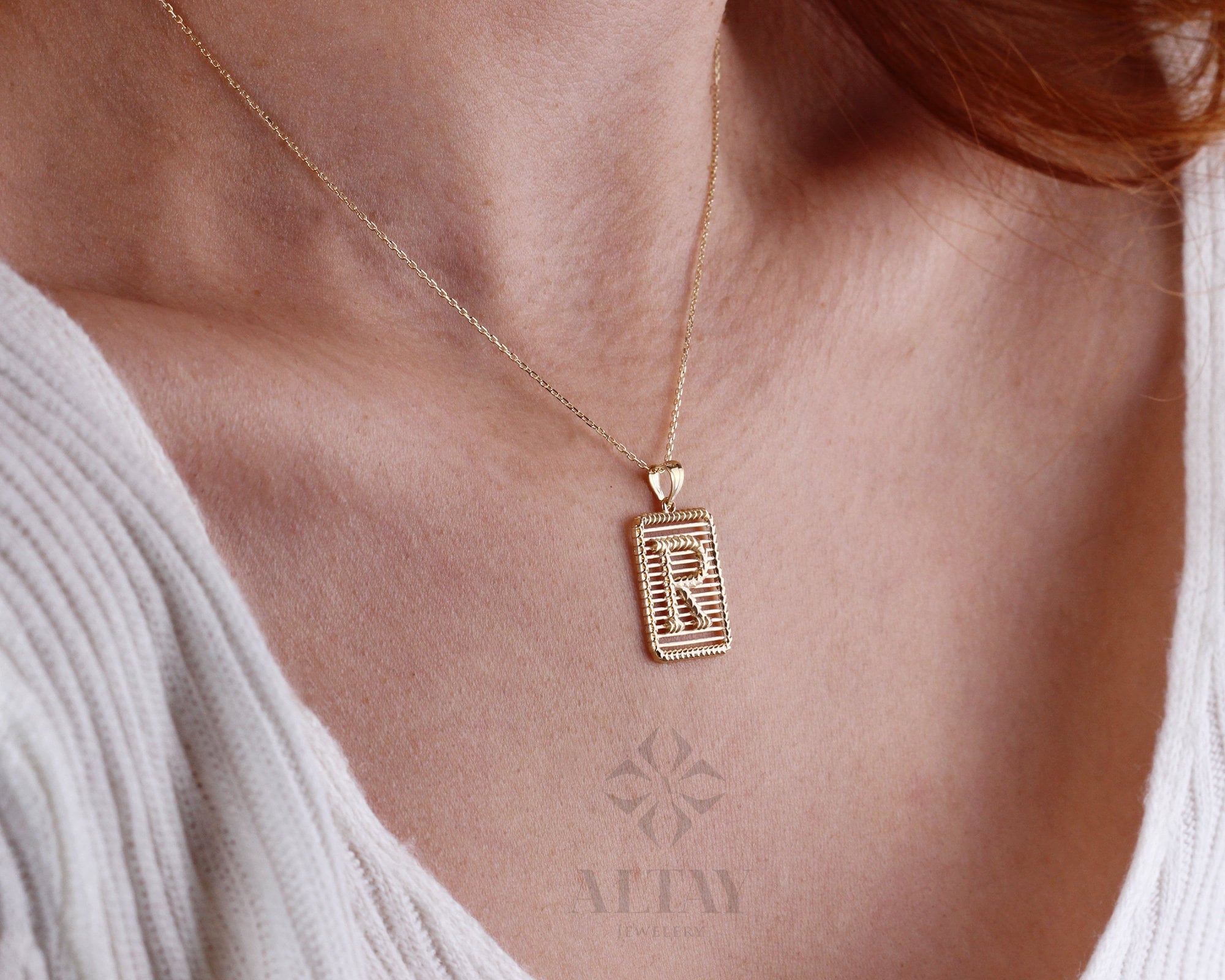 14K Gold Initial Necklace, Gold Letter Necklace, Square Lined Letter, Personalized Custom Necklace, Medallion Necklace, Gift For Her Him