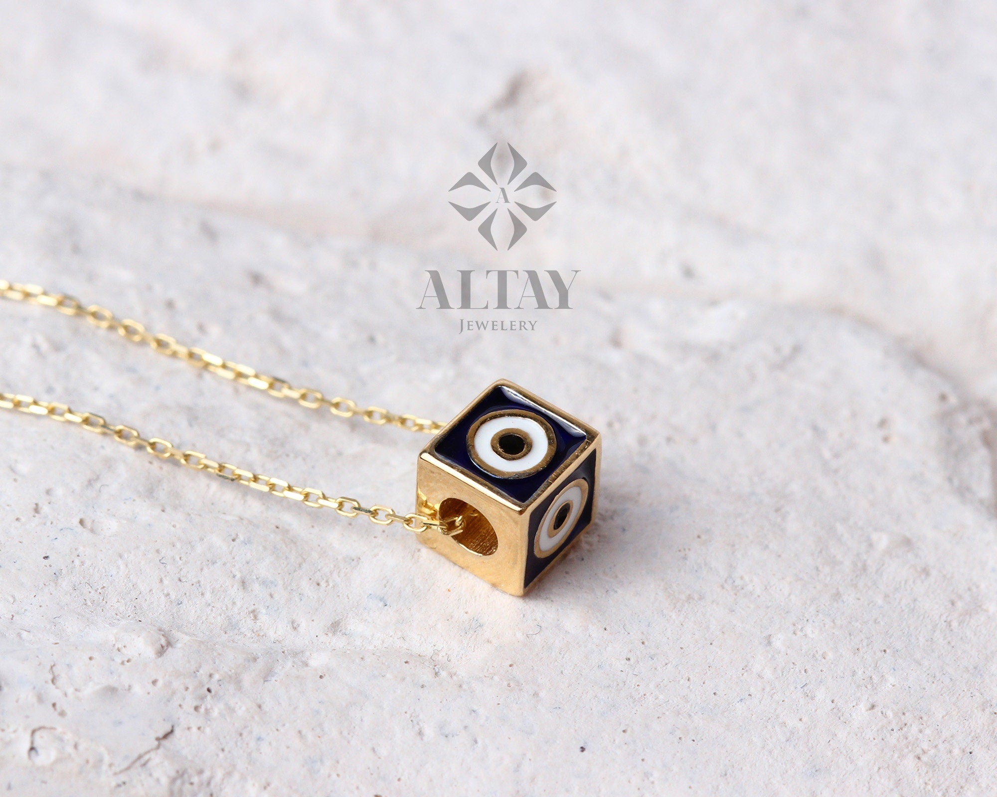 14K Gold Dice Necklace, 3D Dice Evil Eye Pendant, Gold Cube Evil Eye Charm, Gold Enamel Choker, Dainty Protection Symbol, Gift For Her