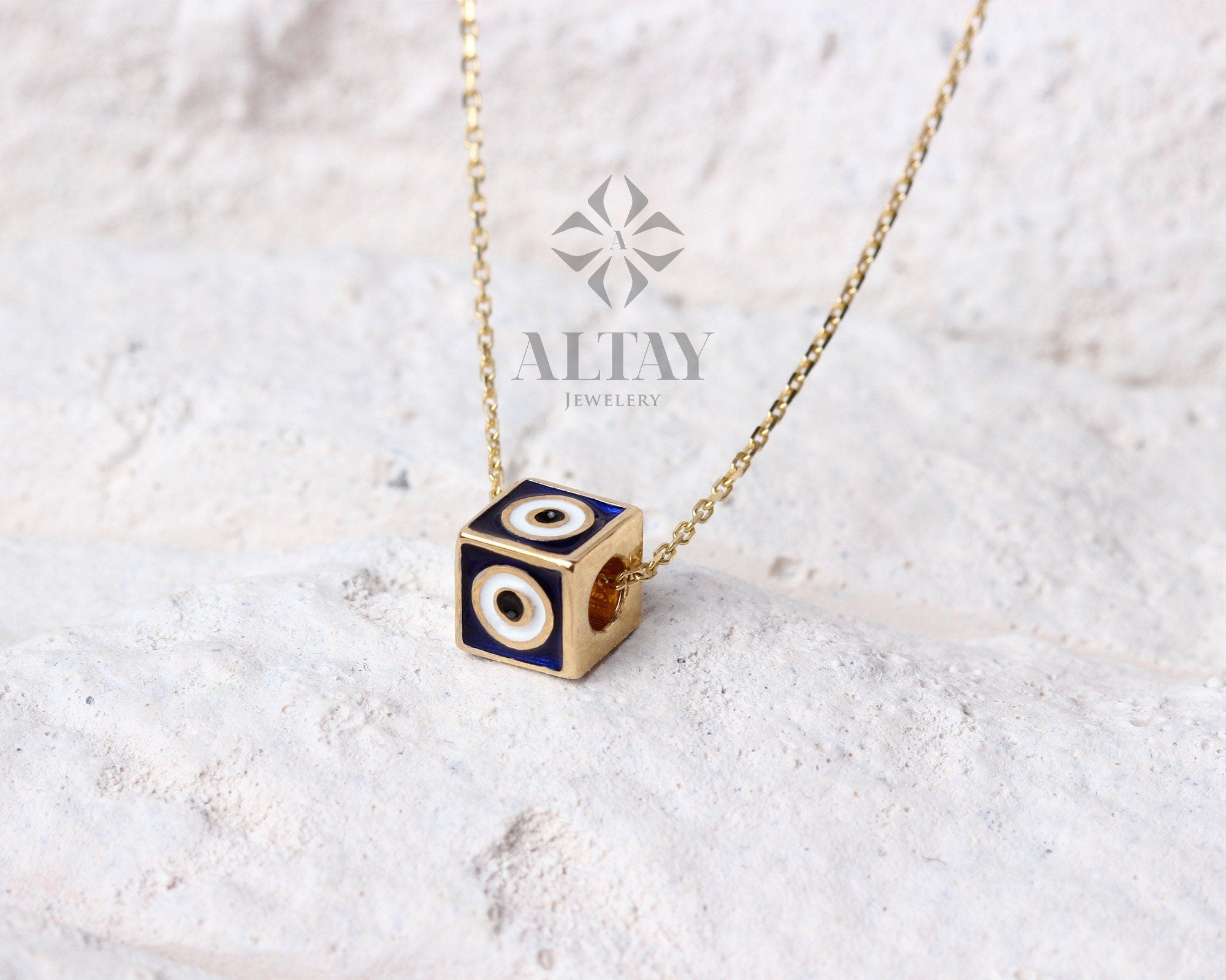 14K Gold Dice Necklace, 3D Dice Evil Eye Pendant, Gold Cube Evil Eye Charm, Gold Enamel Choker, Dainty Protection Symbol, Gift For Her