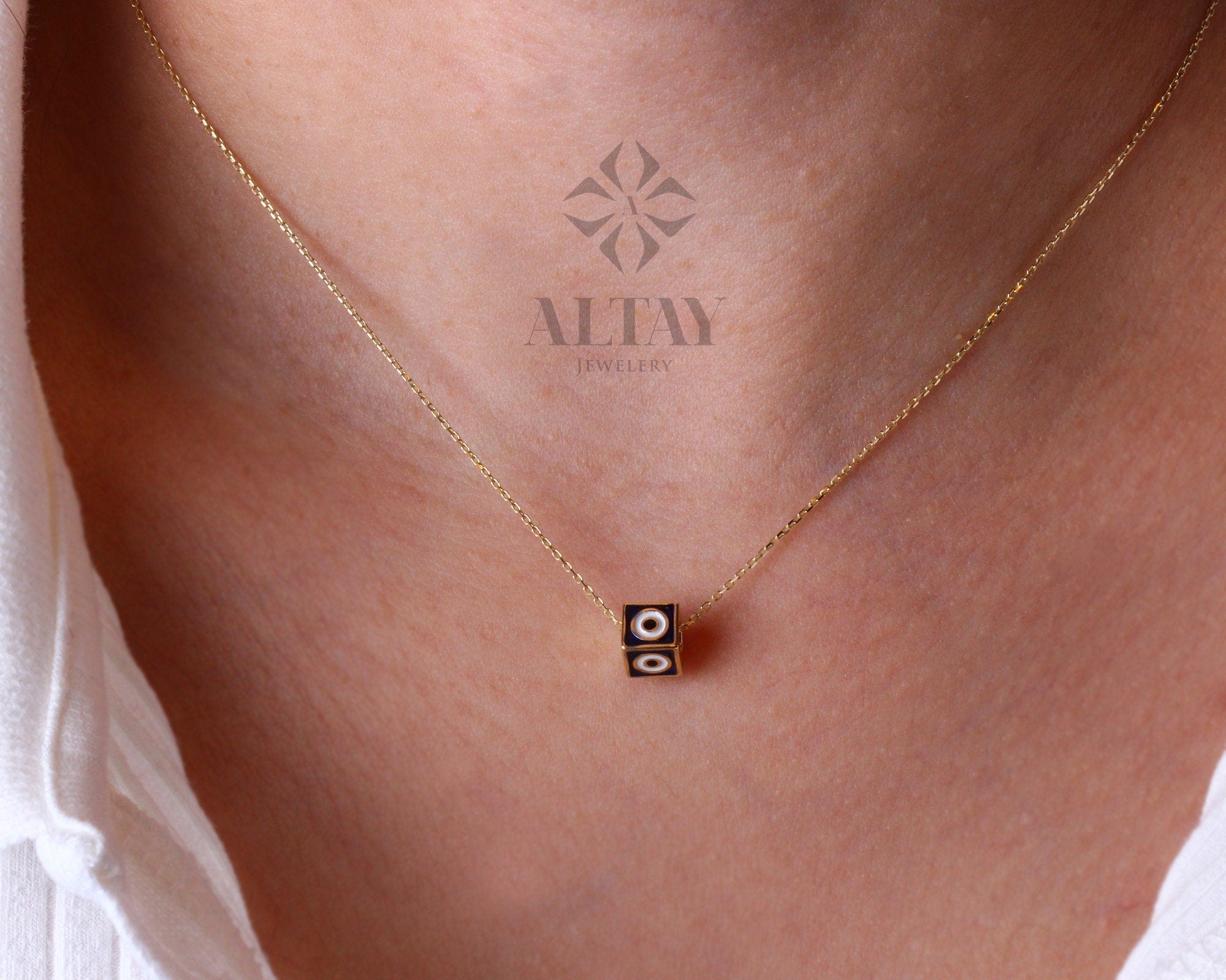 14K Gold Dice Necklace, 3D Dice Evil Eye Pendant, Gold Cube Evil Eye Charm, Gold Enamel Choker, Dainty Protection Symbol, Gift For Her