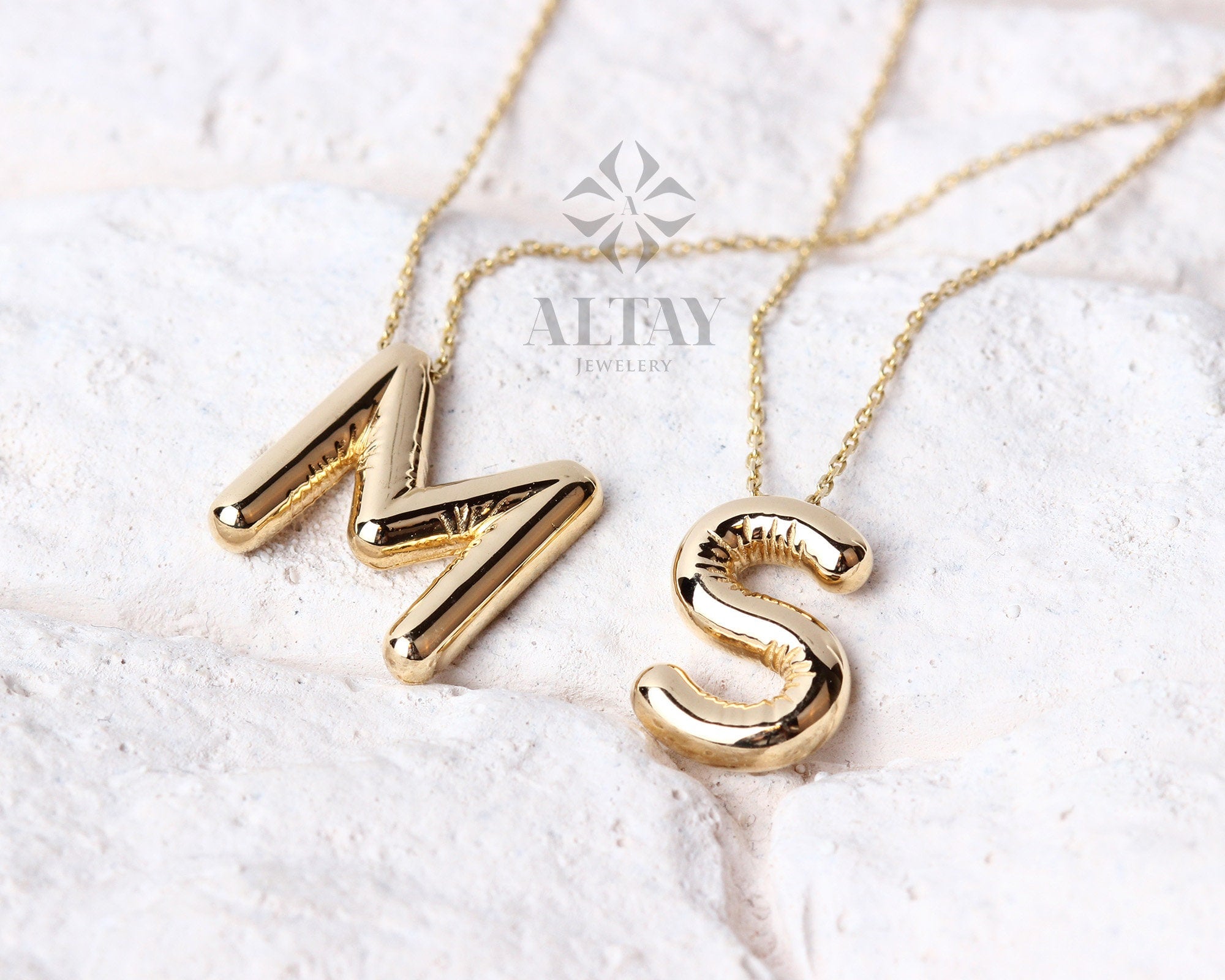 14K Gold Initial Necklace, 3D Gold Letter Necklace, Balloon Letter Pendant, Custom Personalized Necklace, Name Choker, Gift For Her Him