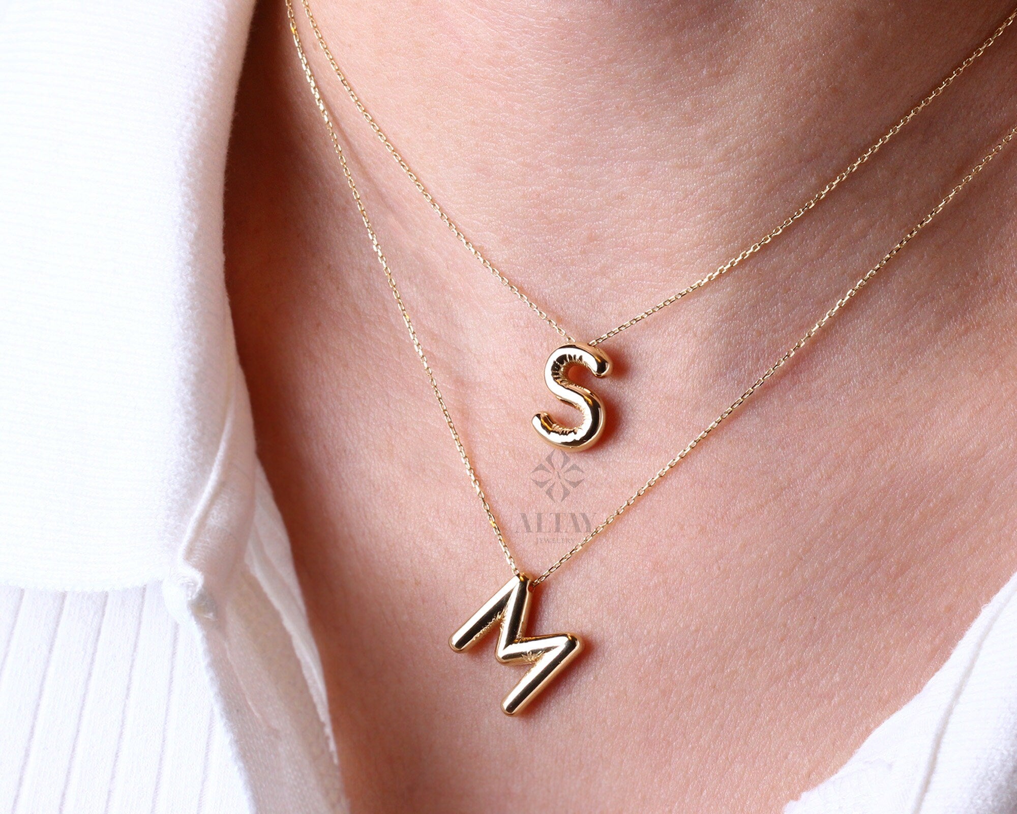 14K Gold Initial Necklace, 3D Gold Letter Necklace, Balloon Letter Pendant, Custom Personalized Necklace, Name Choker, Gift For Her Him