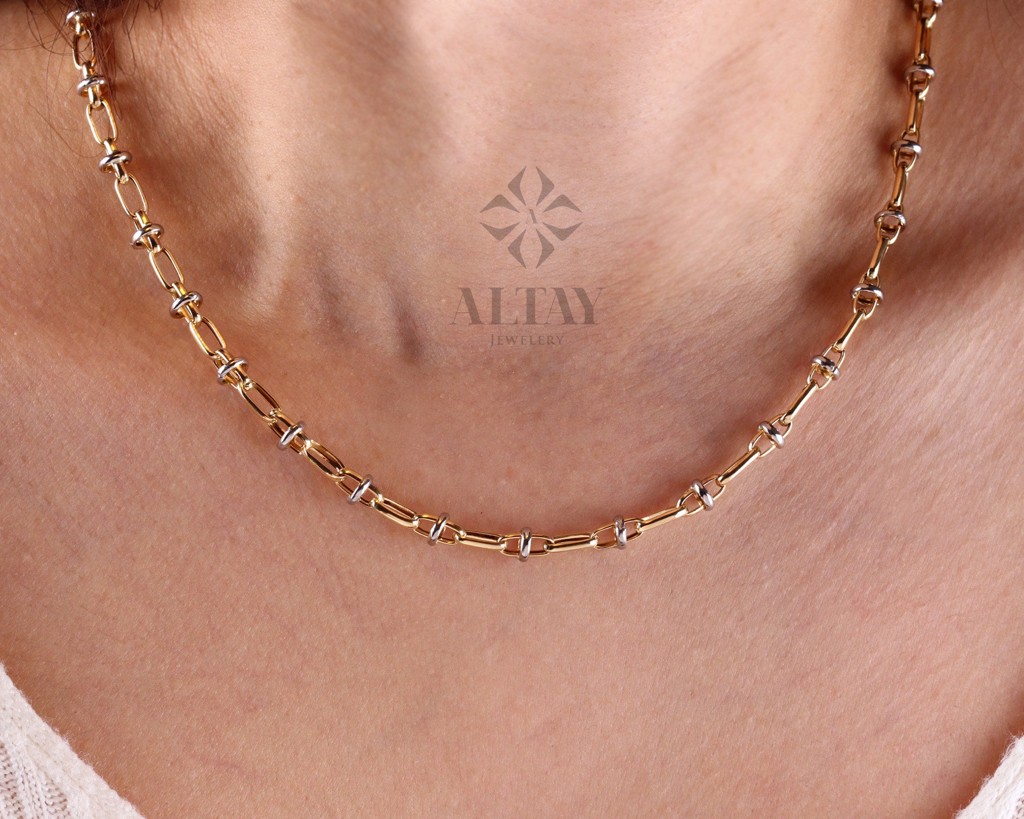 14K Gold Two Tone Chain Necklace, Oval Chain Choker, Rectangle Long Paperclip Chain, Chunky Chain Link, Two-Tone Charm Necklace