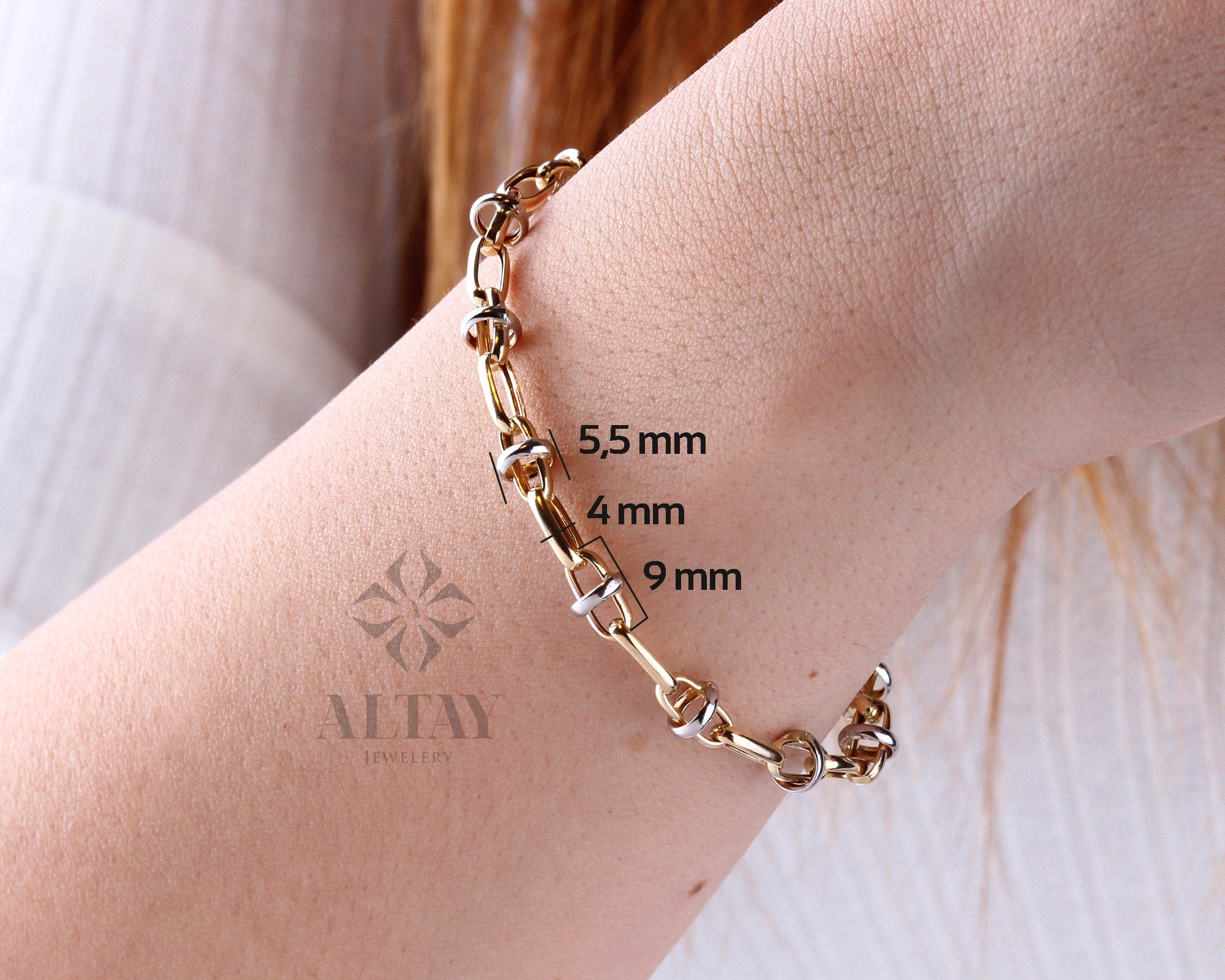 14K Gold Two Tone Chain Bracelet, Oval Chain Bracelet, Rectangle Long Paperclip Chain Anklet, Chunky Chain Link, Two-Tone Bracelet