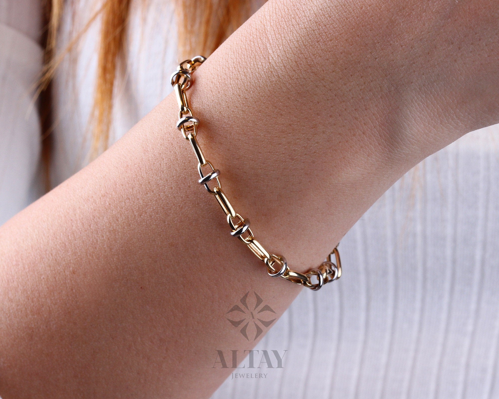 14K Gold Two Tone Chain Bracelet, Oval Chain Bracelet, Rectangle Long Paperclip Chain Anklet, Chunky Chain Link, Two-Tone Bracelet