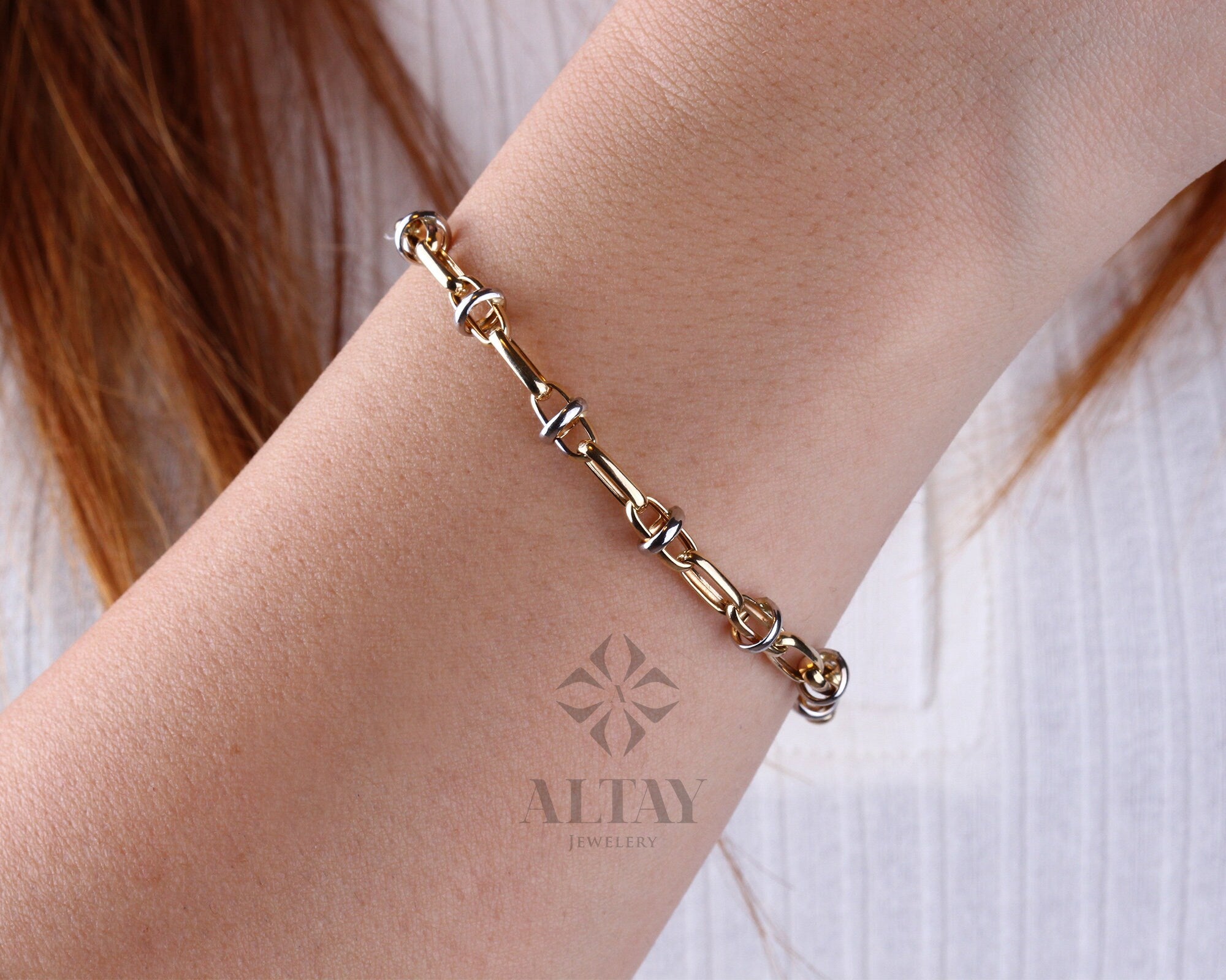 14K Gold Two Tone Chain Bracelet, Oval Chain Bracelet, Rectangle Long Paperclip Chain Anklet, Chunky Chain Link, Two-Tone Bracelet