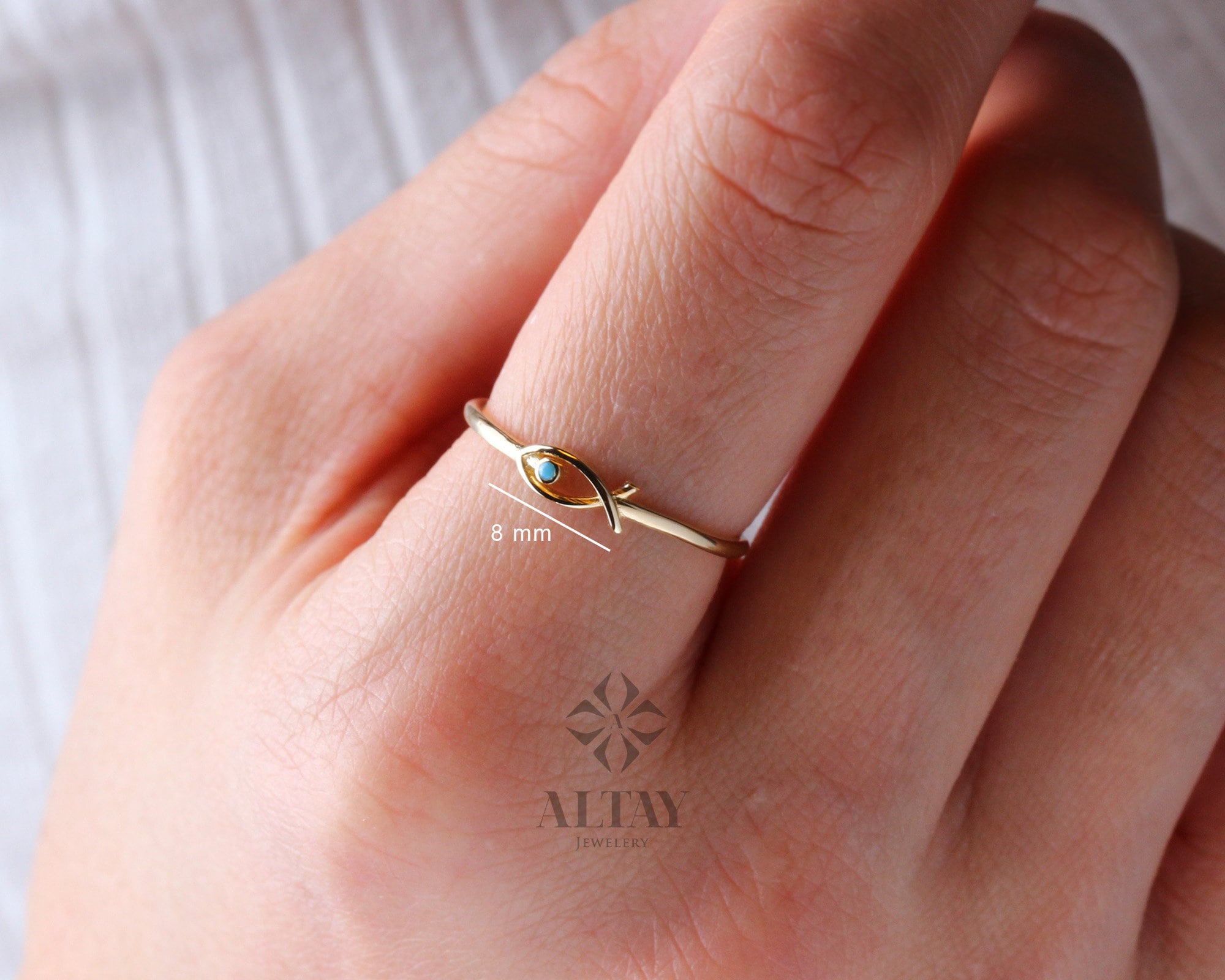 14K Gold Fish Ring, Ichthus Fish Minimal Ring, Turquoise Dainty Gold Stacking Ring, Horoscope Marine Jewelry, Good Luck, Gift for Her