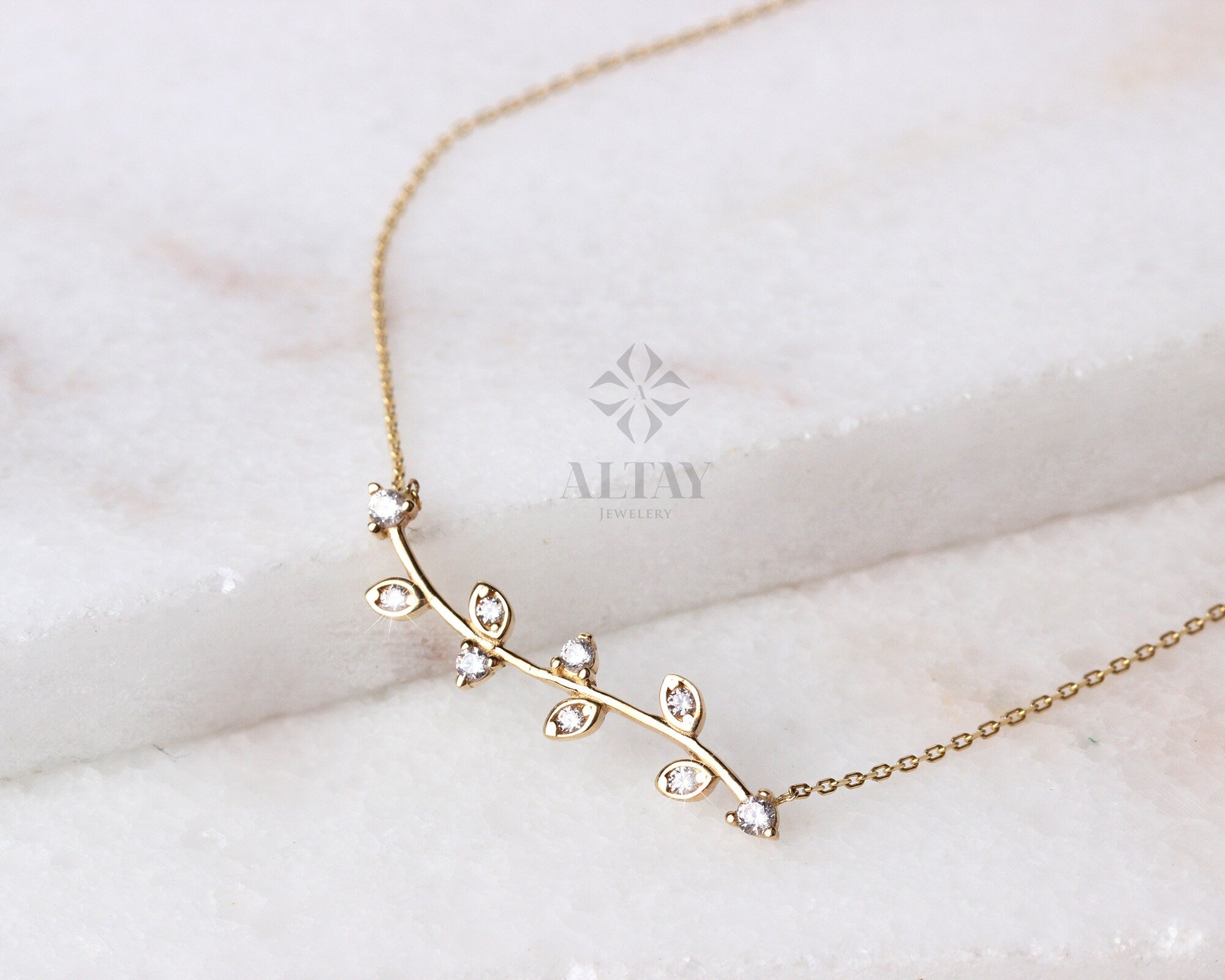 14K Gold Olive Branch Necklace, Gold Leaf Choker, Olive Leaf Charm, Cz Diamond Stone Necklace, Leaf Necklace, Christmas, Gift For Her