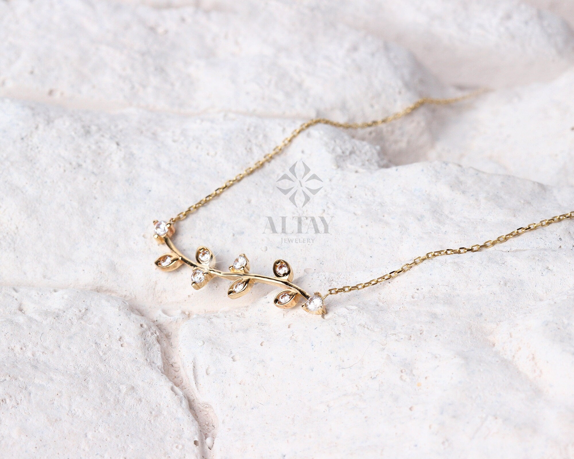 14K Gold Olive Branch Necklace, Gold Leaf Choker, Olive Leaf Charm, Cz Diamond Stone Necklace, Leaf Necklace, Christmas, Gift For Her