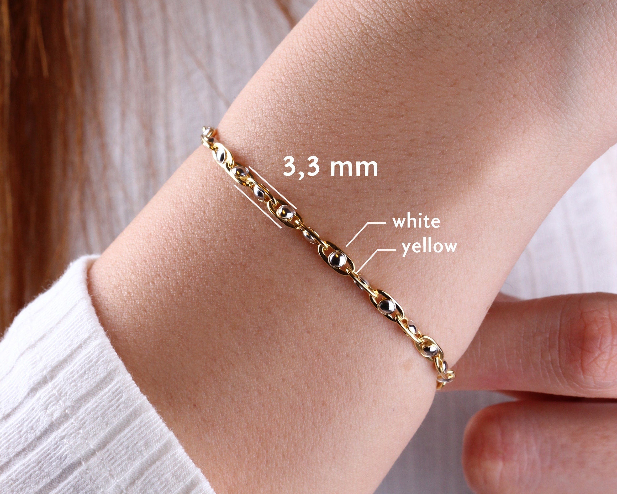14K Gold Two Tone Beaded Chain Bracelet, Oval Chain Bead Bracelet, Rectangle Long Paperclip Chain Anklet, Chunky Chain Link, Gift For Her