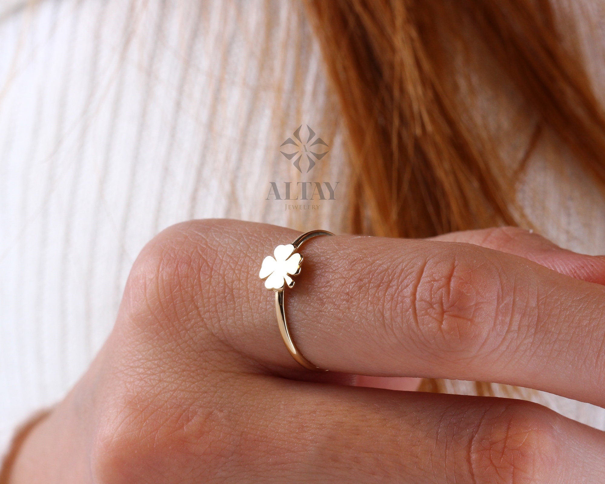 14K Gold Four Leaf Clover Ring, Dainty Good Luck Ring, Clover Lucky Charm Ring, Gold Leaf, St. Patrick's Day Accessory Band, Gift for Her