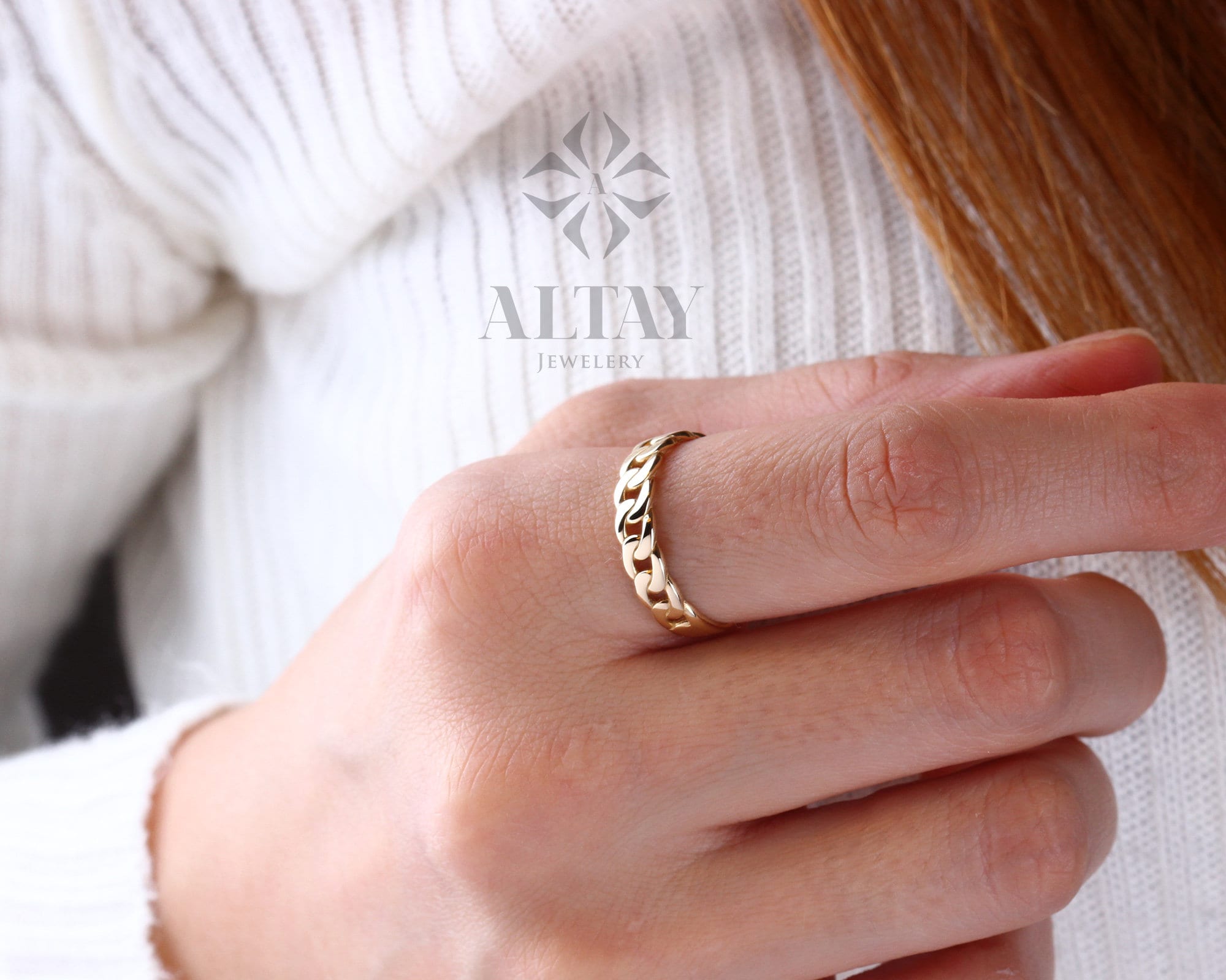 14K Gold Cuban Chain Ring, 4.5MM Cuban Link Ring, Chain Curb Ring, Bold Chain Ring, Solid Gold Stacking Ring, Minimalist Chain Link