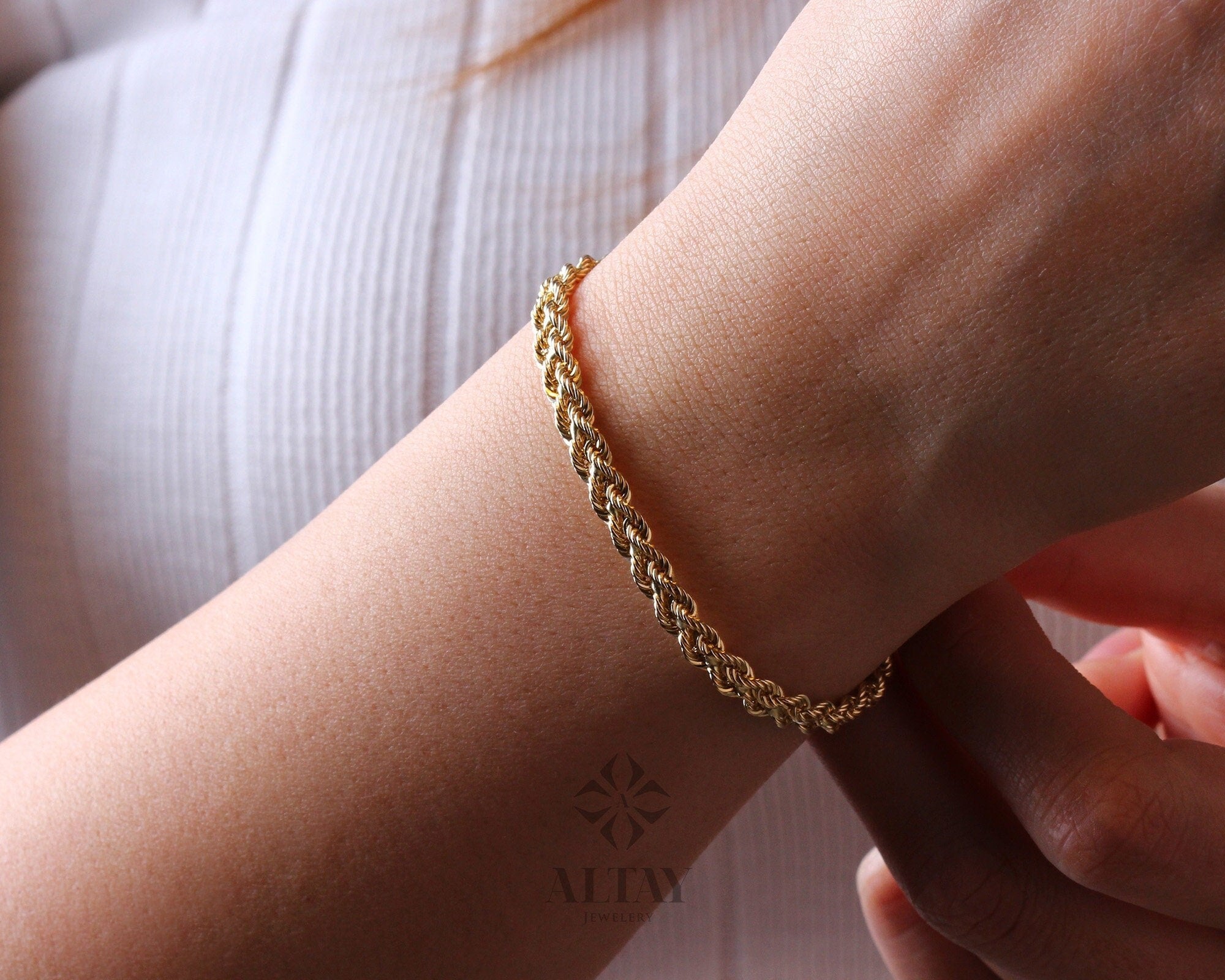 14K Solid Gold Rope Chain Bracelet, 4.7mm Dainty Rope Bracelet, Unisex Braided Bracelet, Twist Chunky Chain, Stacking Fashion Delicate