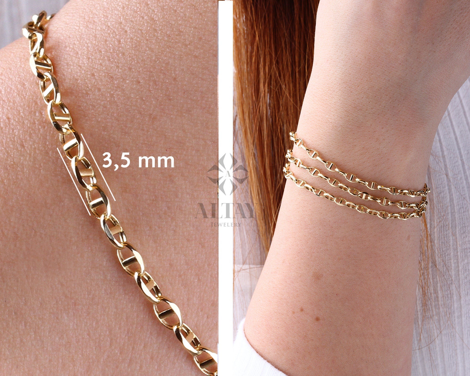 14K Solid Gold Mariner Link Chain Bracelet, 14K Gold Chain Bracelet, Puffed Chain, Yellow Gold Puff Mariner Anklet, Designer, Dainty Gift