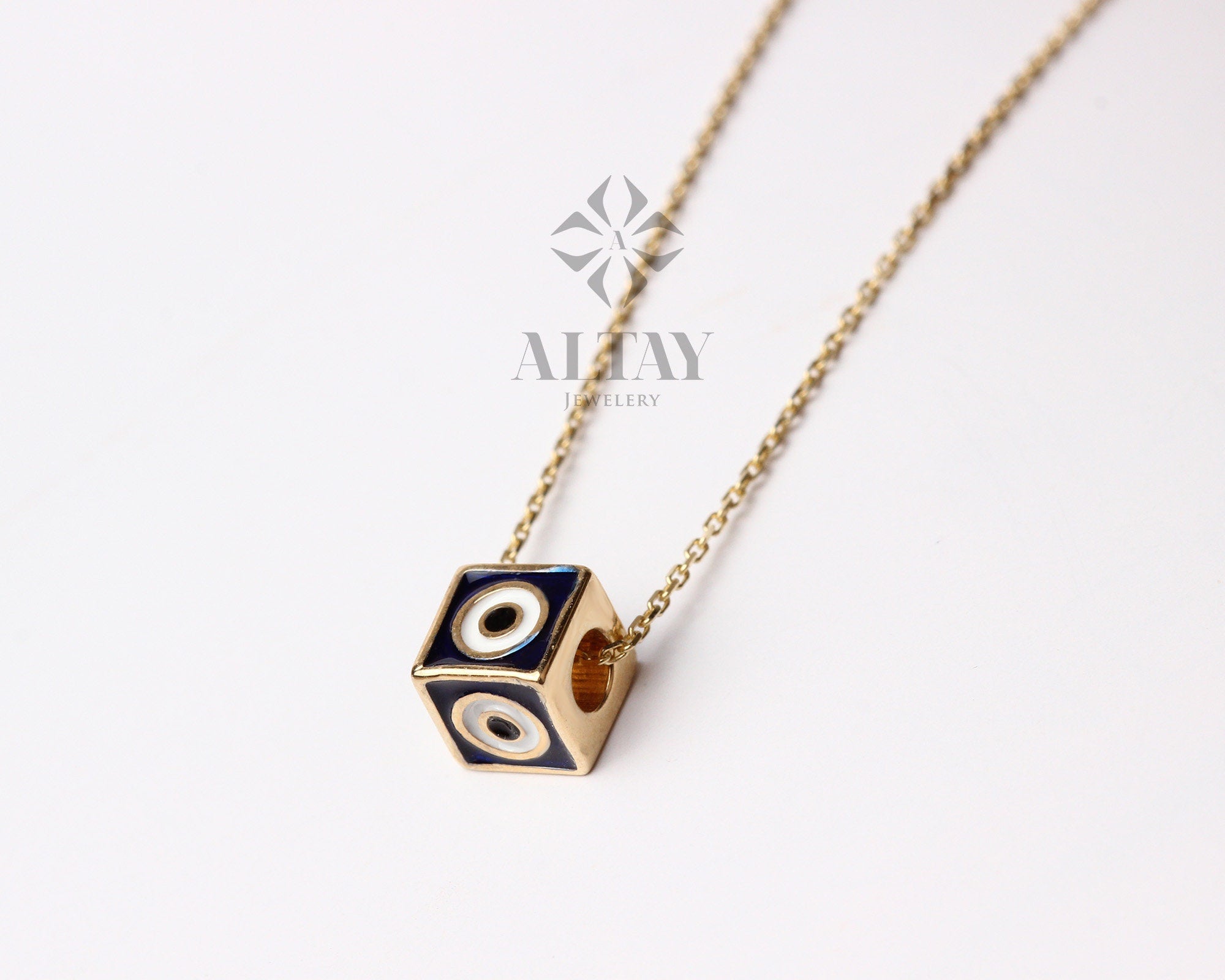 14K Gold Dice Necklace, 3D Dice Evil Eye Pendant, Gold Cube Evil Eye Charm, Gold Enamel Choker, Dainty Protection Symbol, Gift For Her