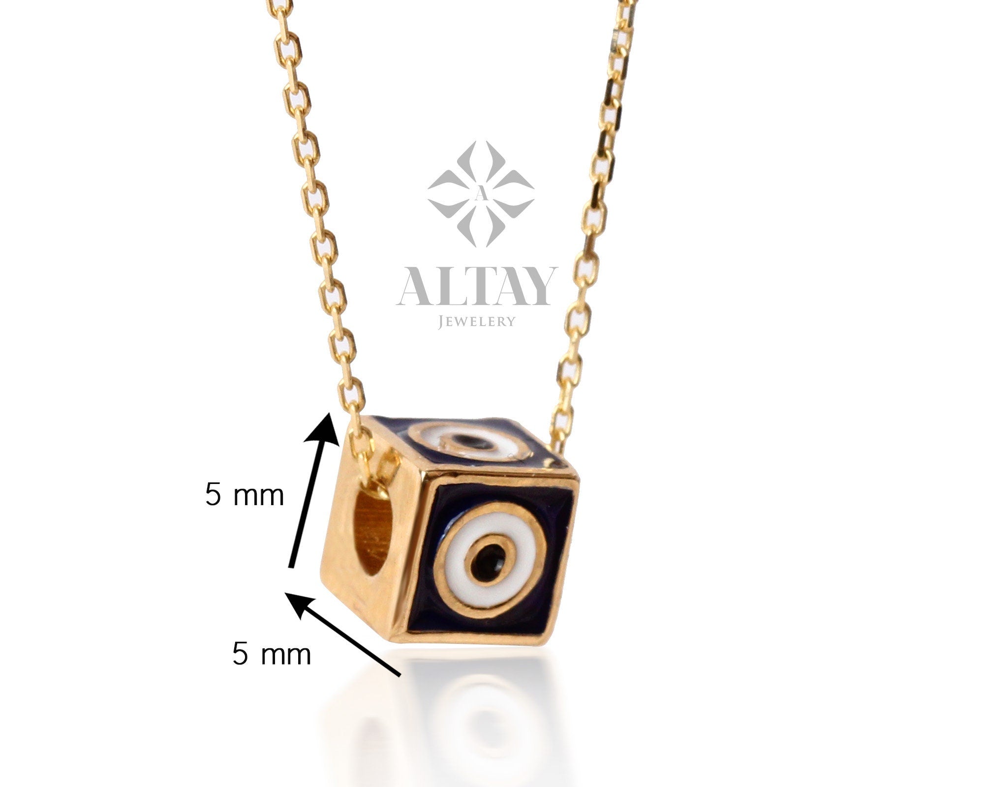 14K Gold Dice Necklace, 3D Dice Evil Eye Pendant, Gold Cube Evil Eye Charm, Gold Enamel Choker, Dainty Protection Symbol, Gift For Her