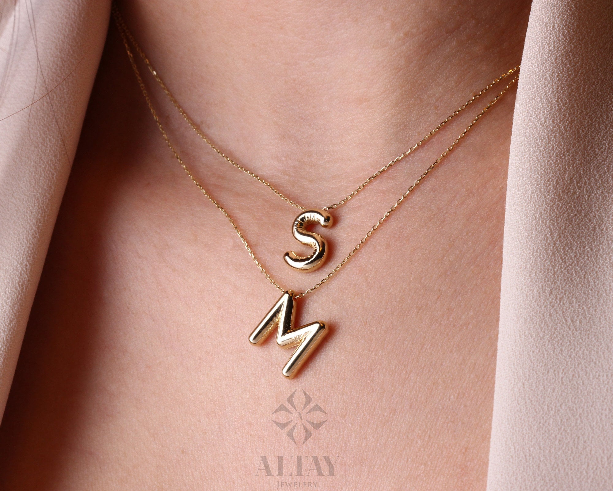 14K Gold Initial Necklace, 3D Gold Letter Necklace, Balloon Letter Pendant, Custom Personalized Necklace, Name Choker, Gift For Her Him