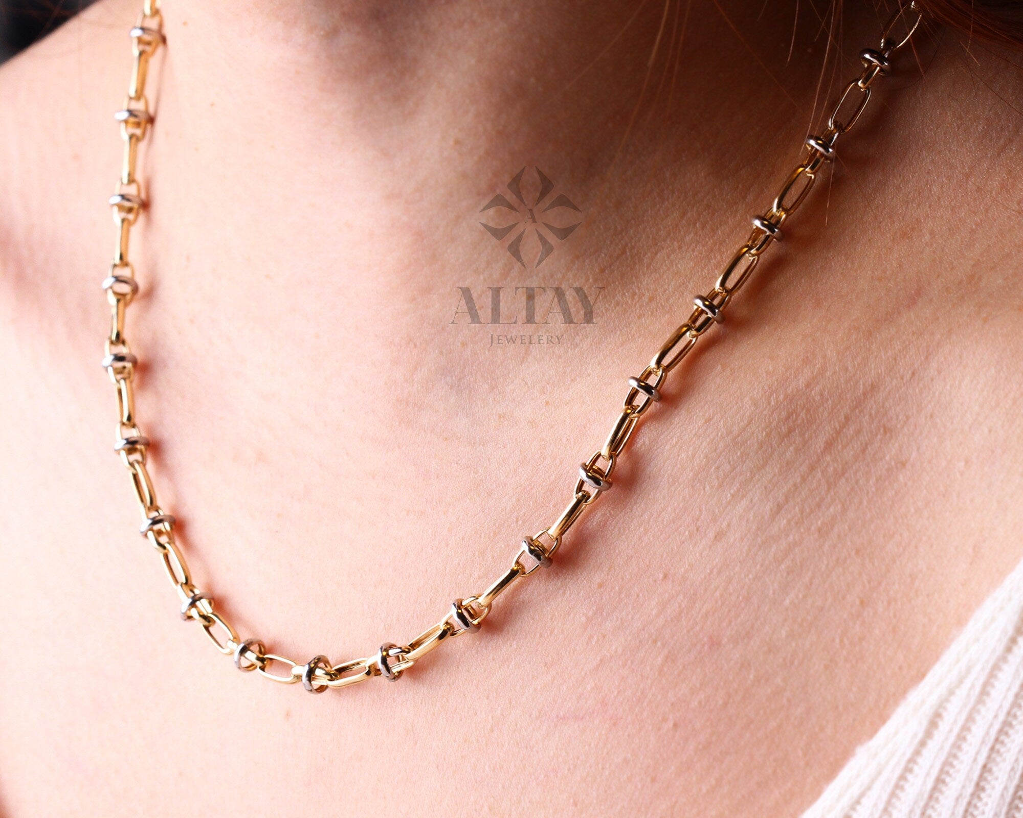 14K Gold Two Tone Chain Necklace, Oval Chain Choker, Rectangle Long Paperclip Chain, Chunky Chain Link, Two-Tone Charm Necklace