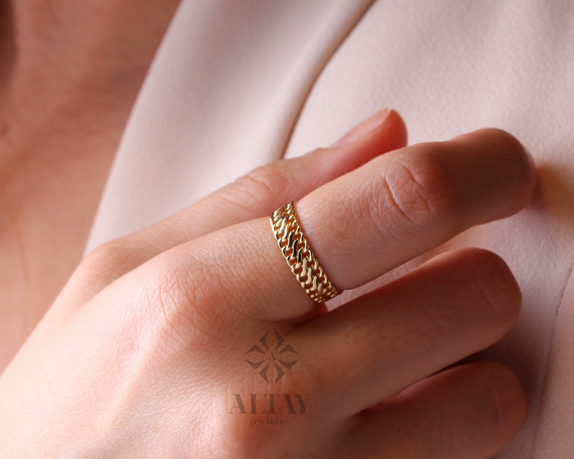 14K Gold Vienna Chain Ring, 5mm Double Curb Chain Ring, Armoured Chain Ring, Minimal Fine Jewelry, Dainty Gold Stacking Ring, Gift For Her