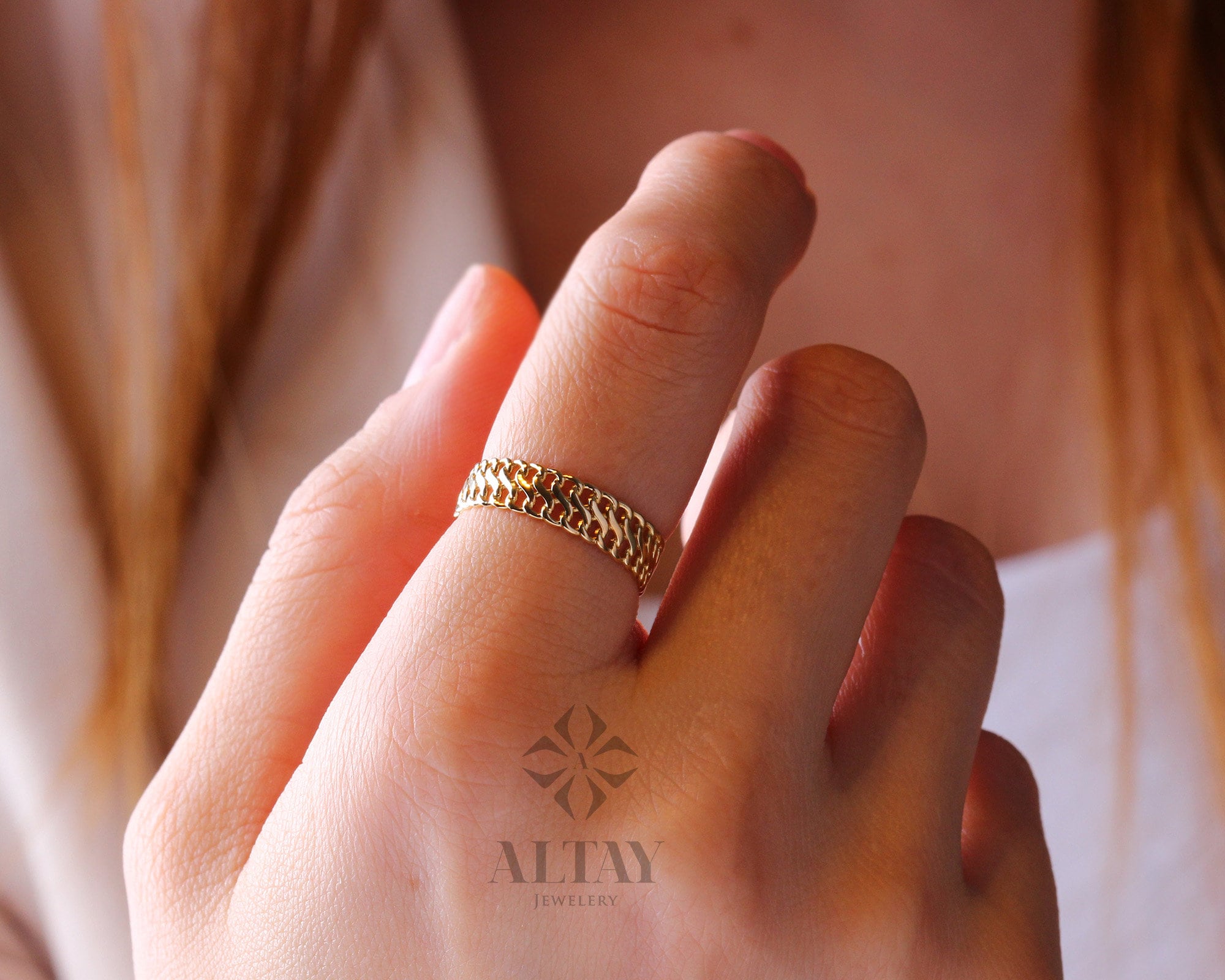 14K Gold Chain Ring, Vienna Chain Ring, 5mm Double Curb Chain Ring, Stacking Chain Ring, Chunky Gold Ring, Dainty Gold Stacking Ring