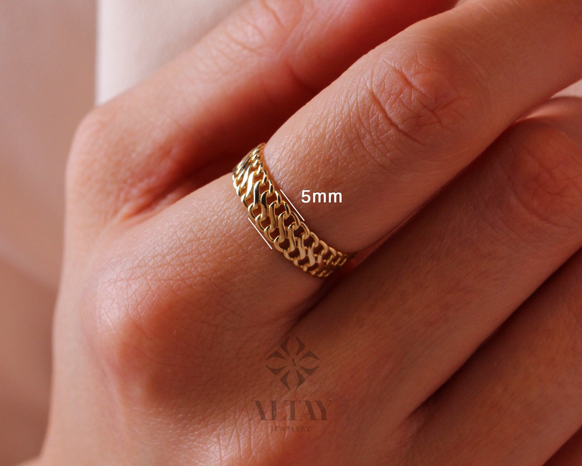 14K Gold Chain Ring, Vienna Chain Ring, 5mm Double Curb Chain Ring, Stacking Chain Ring, Chunky Gold Ring, Dainty Gold Stacking Ring