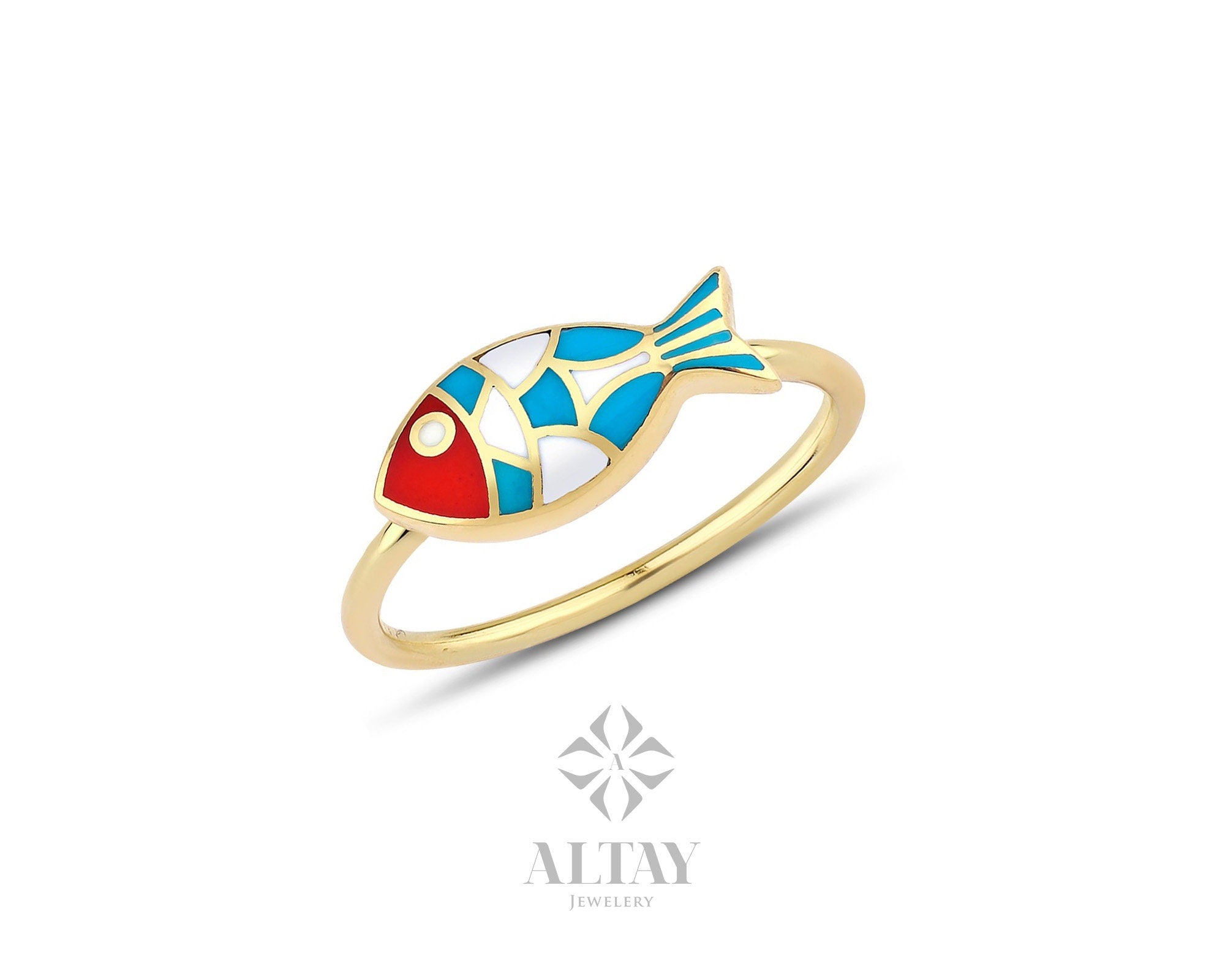 14K Gold Fish Ring, Enamel Fish Ring, Turquoise Dainty Gold Stacking Ring, Minimal Blue Horoscope Marine Jewelry, Good Luck, Gift for Her