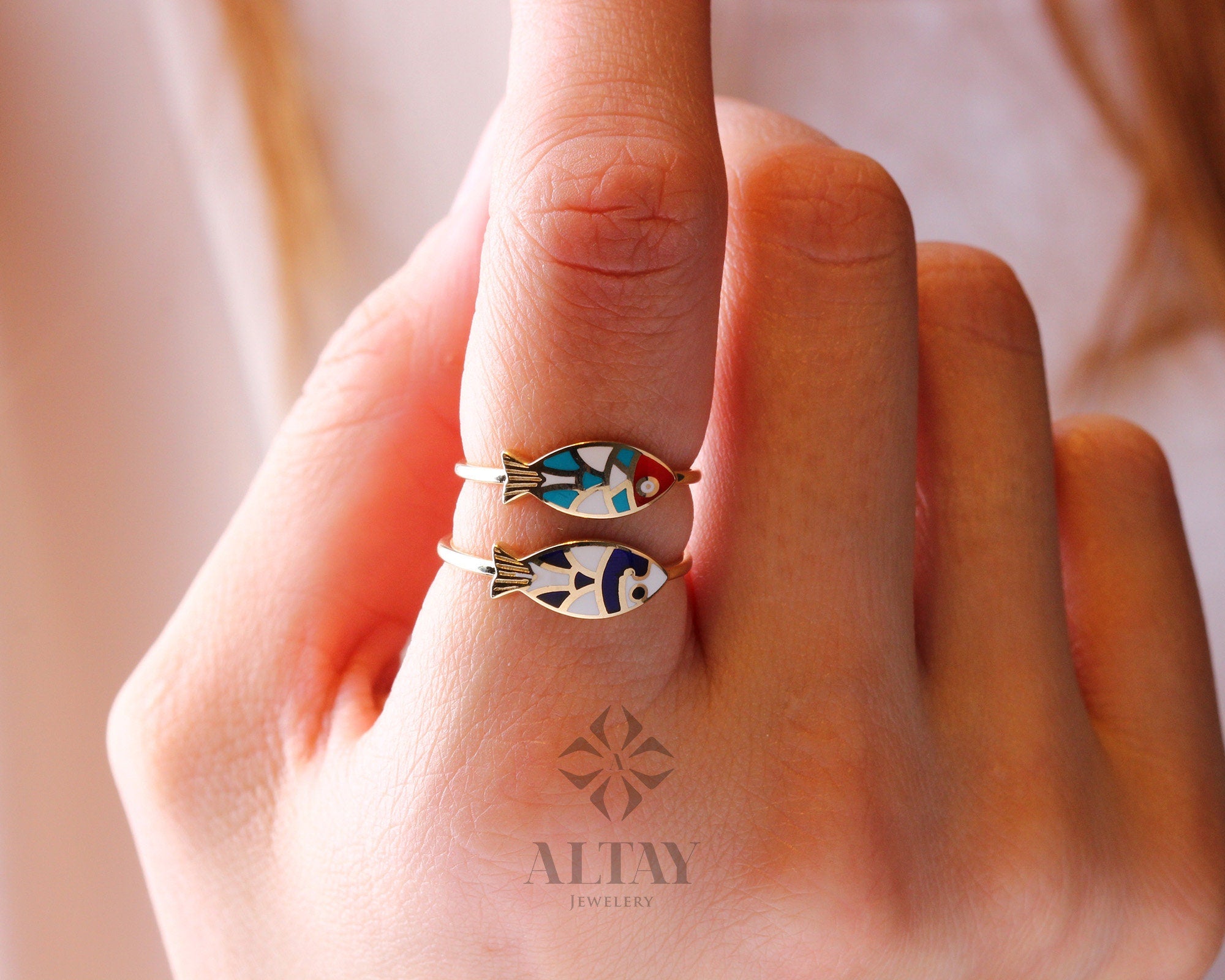 14K Gold Fish Ring, Enamel Fish Ring, Turquoise Dainty Gold Stacking Ring, Minimal Blue Horoscope Marine Jewelry, Good Luck, Gift for Her