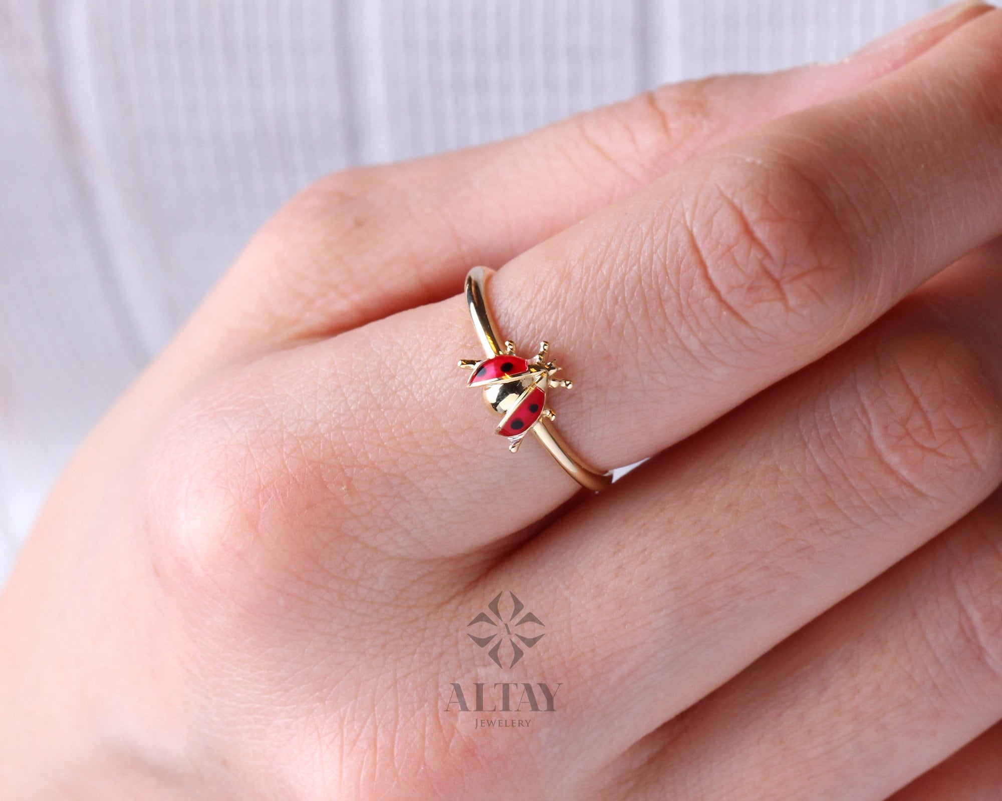 14K Gold Ladybug Ring, Ladybird Colorful Ring, Unique Animal Ring, Cute Tiny Pinky Ring, Handmade Jewelry, Good Luck Statement Ring