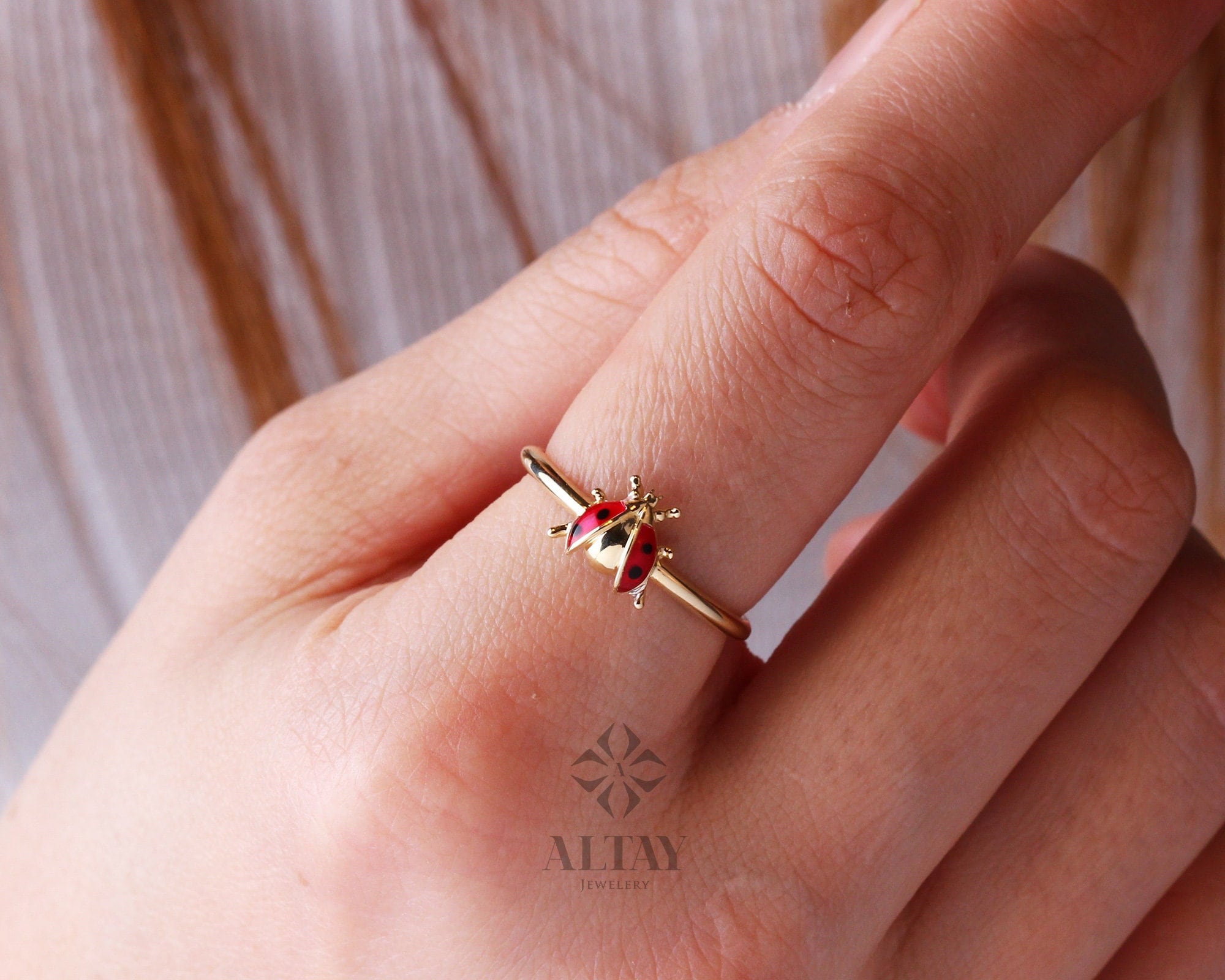 14K Gold Ladybug Ring, Ladybird Colorful Ring, Unique Animal Ring, Cute Tiny Pinky Ring, Handmade Jewelry, Good Luck Statement Ring