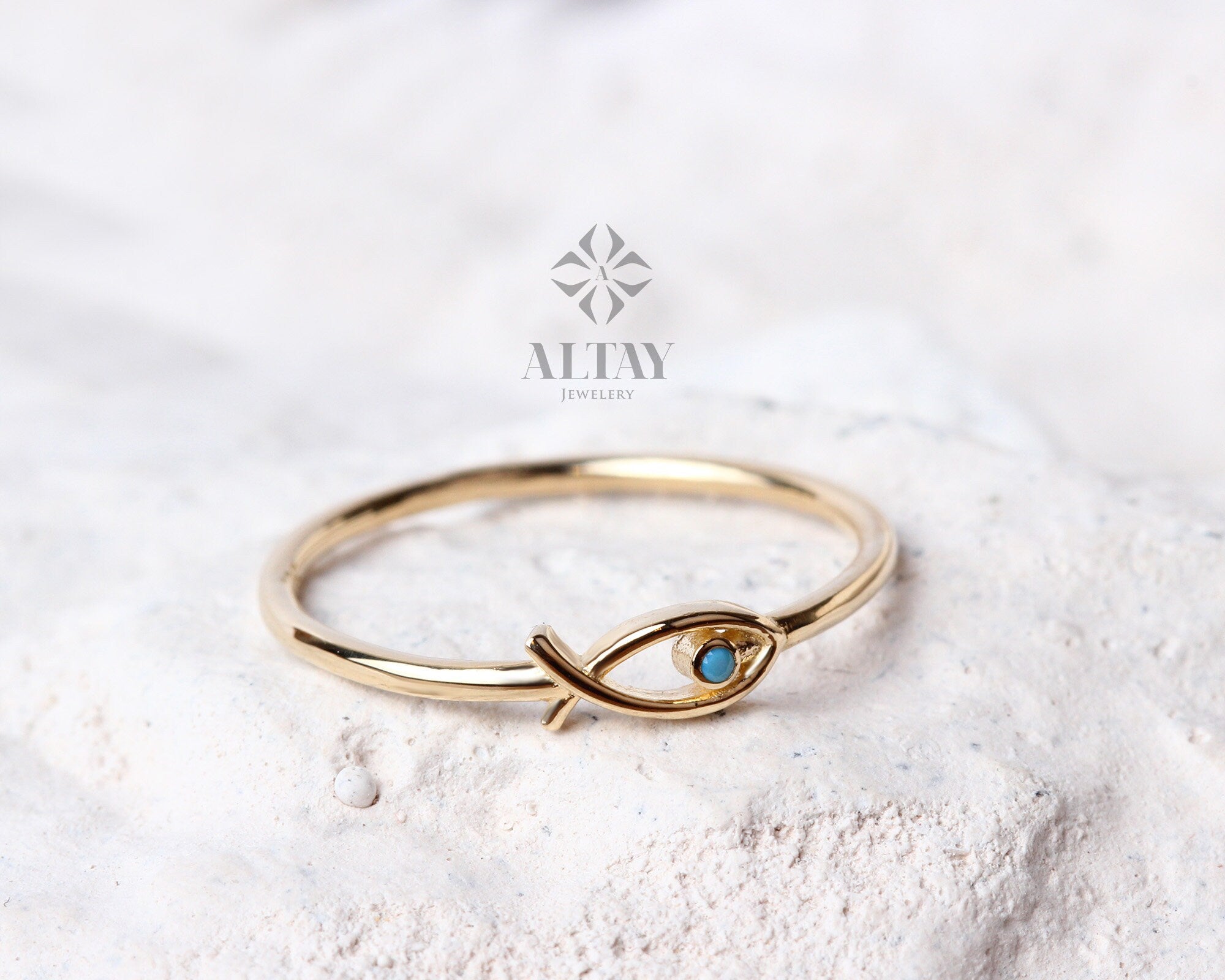 14K Gold Fish Ring, Ichthus Fish Minimal Ring, Turquoise Dainty Gold Stacking Ring, Horoscope Marine Jewelry, Good Luck, Gift for Her