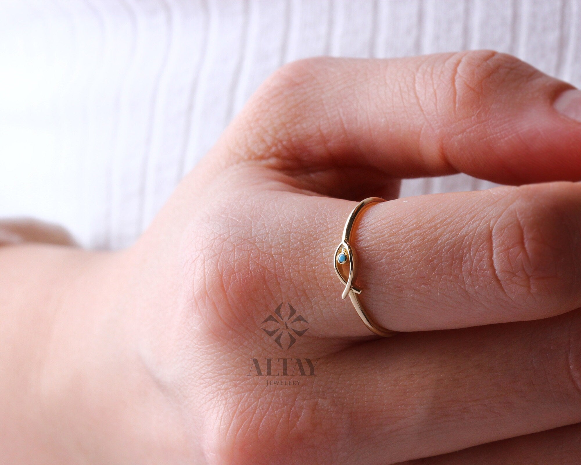 14K Gold Fish Ring, Ichthus Fish Minimal Ring, Turquoise Dainty Gold Stacking Ring, Horoscope Marine Jewelry, Good Luck, Gift for Her