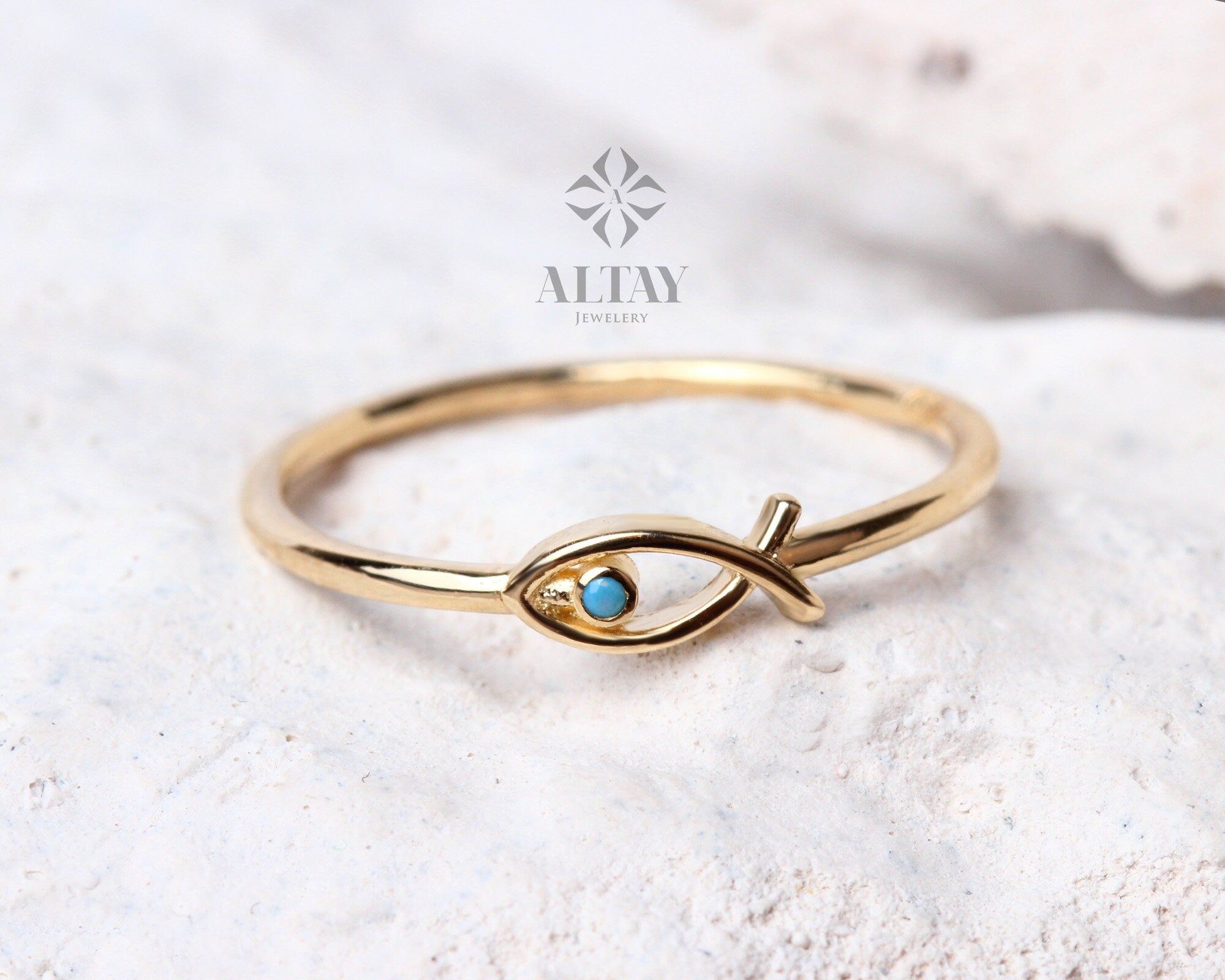 14K Gold Fish Ring, Ichthus Fish Minimal Ring, Turquoise Dainty Gold Stacking Ring, Horoscope Marine Jewelry, Good Luck, Gift for Her