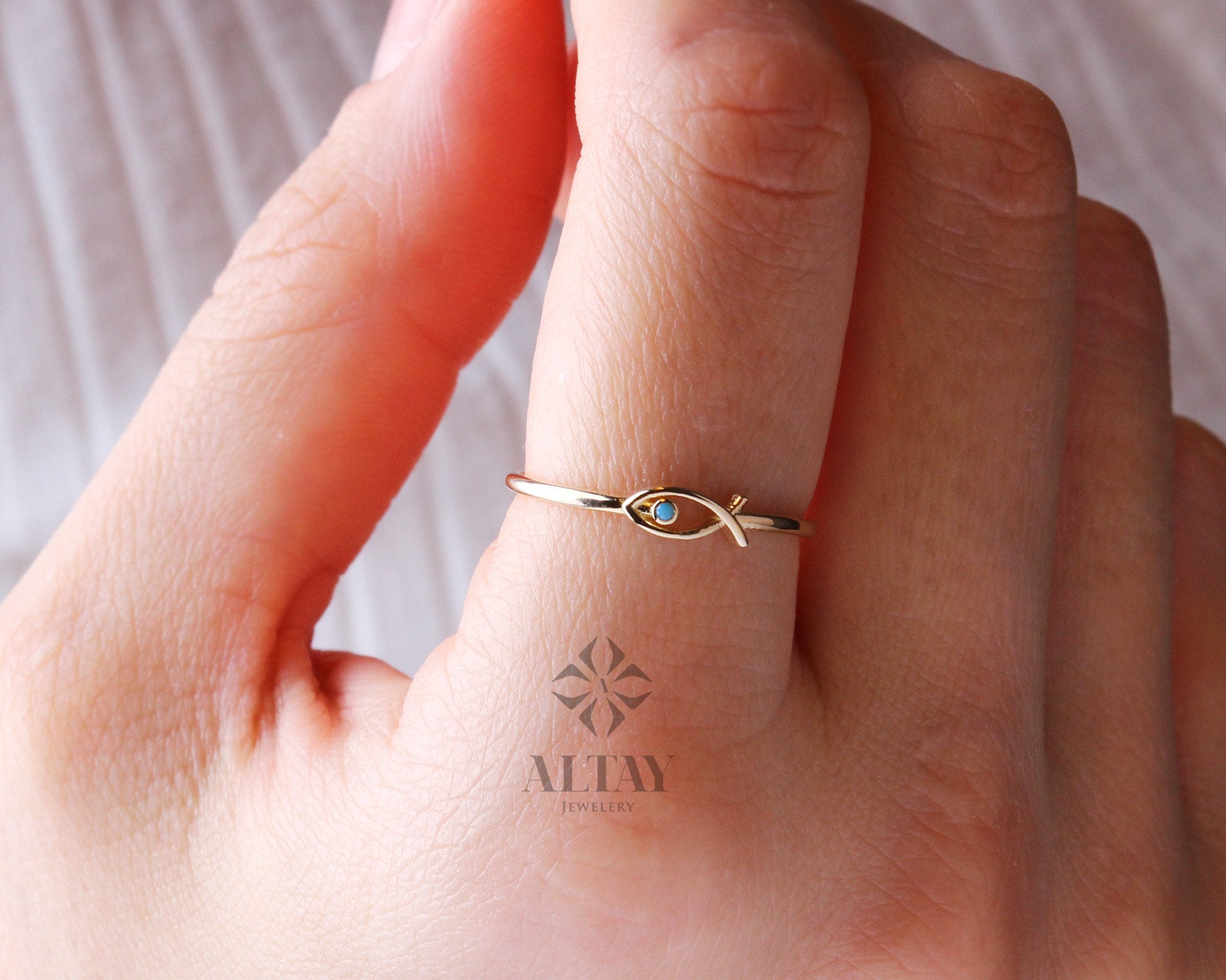 14K Gold Fish Ring, Ichthus Fish Minimal Ring, Turquoise Dainty Gold Stacking Ring, Horoscope Marine Jewelry, Good Luck, Gift for Her