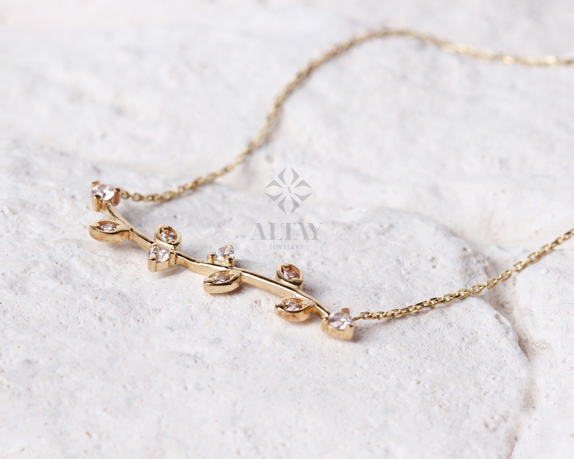 14K Gold Olive Branch Necklace, Gold Leaf Choker, Olive Leaf Charm, Cz Diamond Stone Necklace, Leaf Necklace, Christmas, Gift For Her