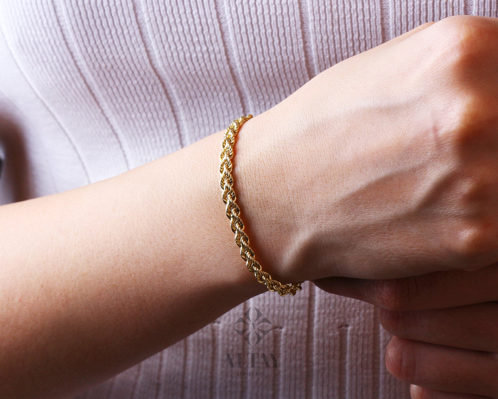 14K Solid Gold Rope Chain Bracelet, 4.7mm Dainty Rope Bracelet, Unisex Braided Bracelet, Twist Chunky Chain, Stacking Fashion Delicate