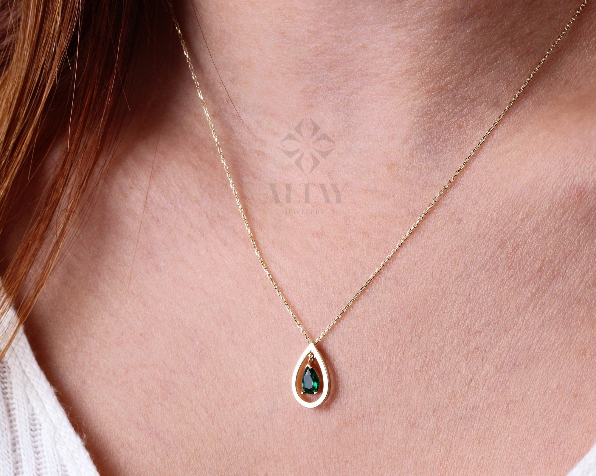 14K Gold Emerald Necklace, Pear Shape Emerald Pendant, Teardrop Green Charm, May Birthstone, Dainty Emerald Necklace, Anniversary Gift