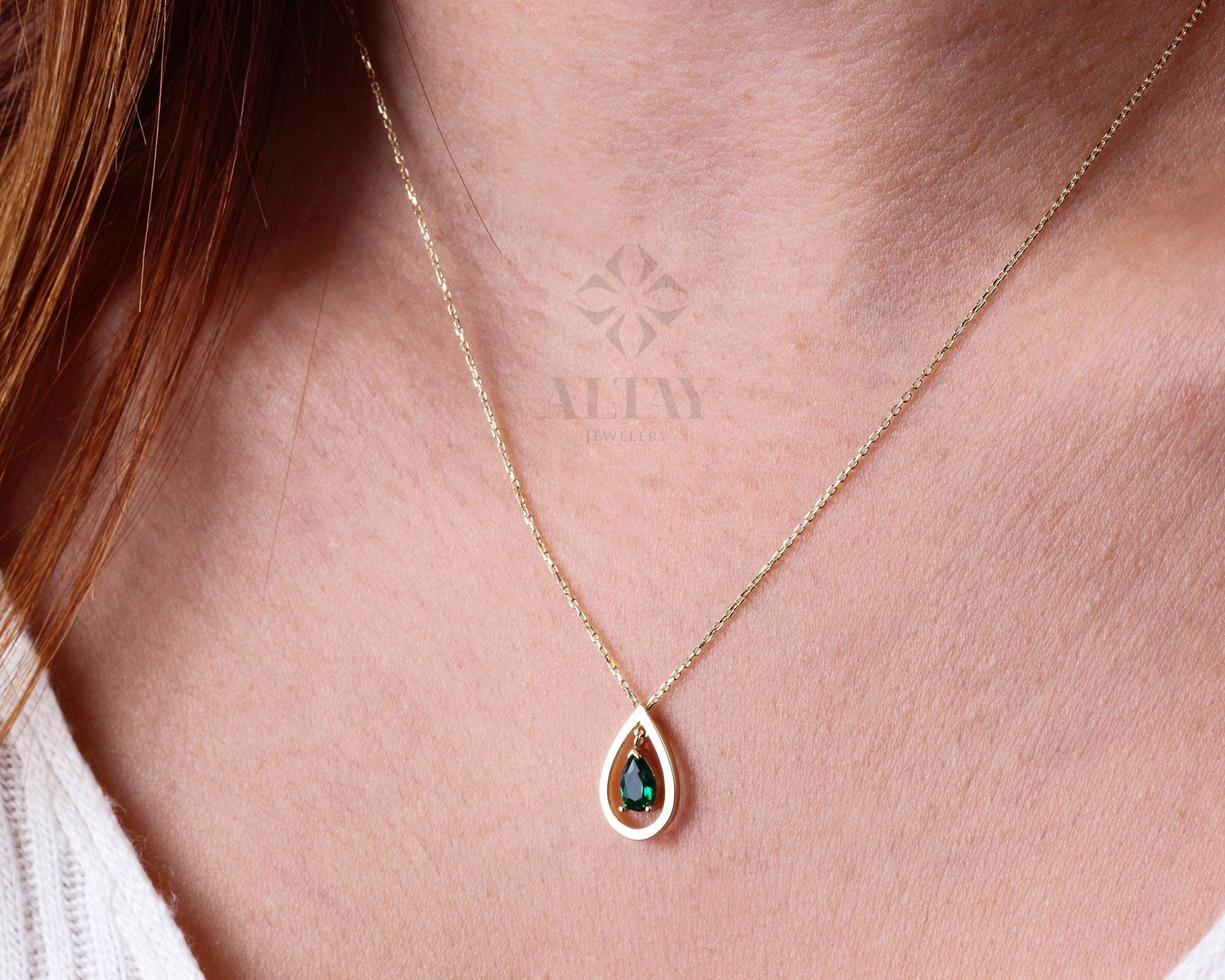 14K Gold Emerald Teardrop Necklace, Pear Cut Green Stone Pendant, Dainty Real Gold Necklace, Minimal Birthstone Jewelry, Gift for Her
