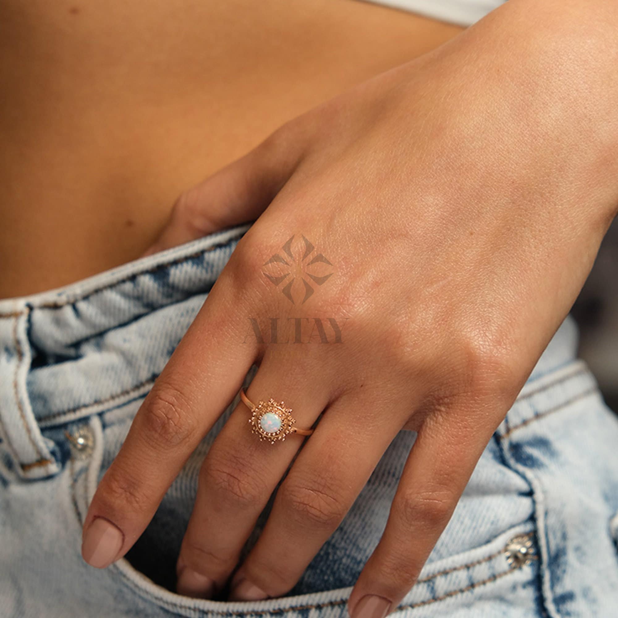 14K Gold Opal Ring, October Birthstone Ring, White Opal Stone, Round Cut Opal Ring, Mothers Day Gift, Gemstone Band, Engagement Ring