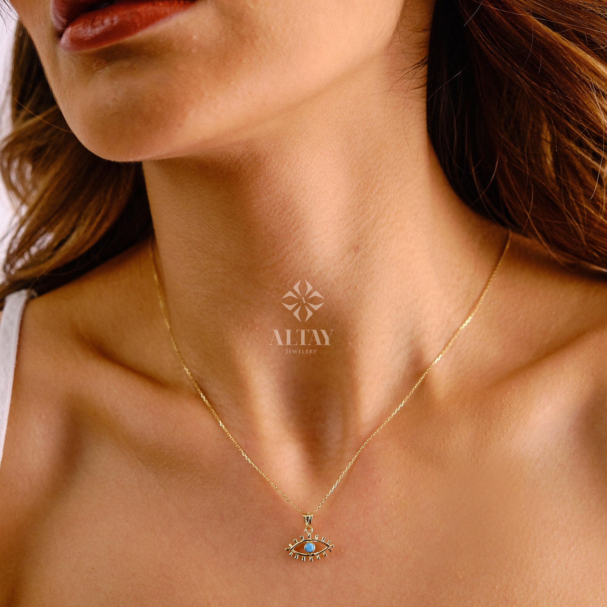 14K Solid Gold Evil Eye Necklace, Eyelash Charm Pendant, Turquoise Stone Charm, Good Luck Protection Symbol, Dainty Necklace, Gift For Her