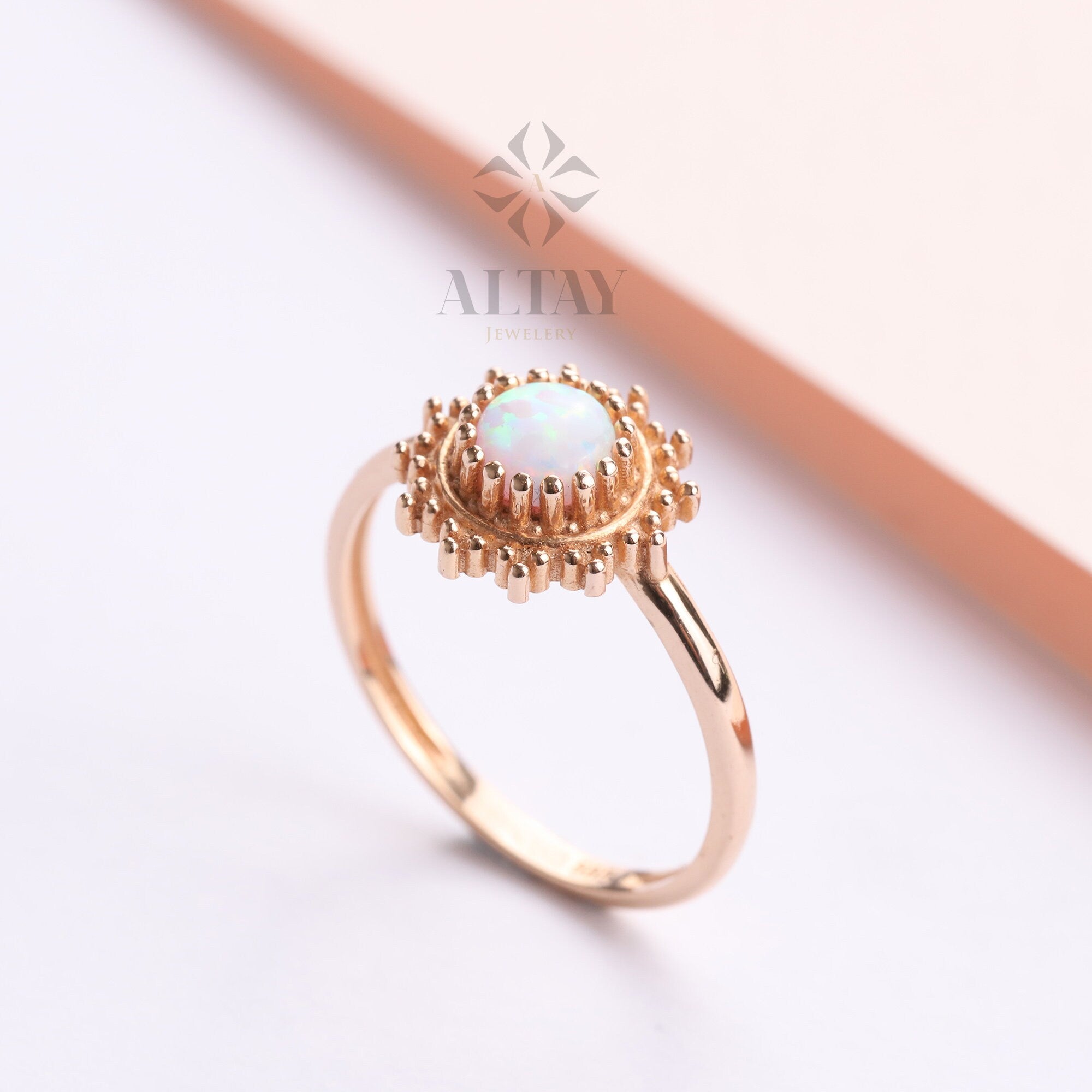 14K Gold Opal Ring, October Birthstone Ring, White Opal Stone, Round Cut Opal Ring, Mothers Day Gift, Gemstone Band, Engagement Ring