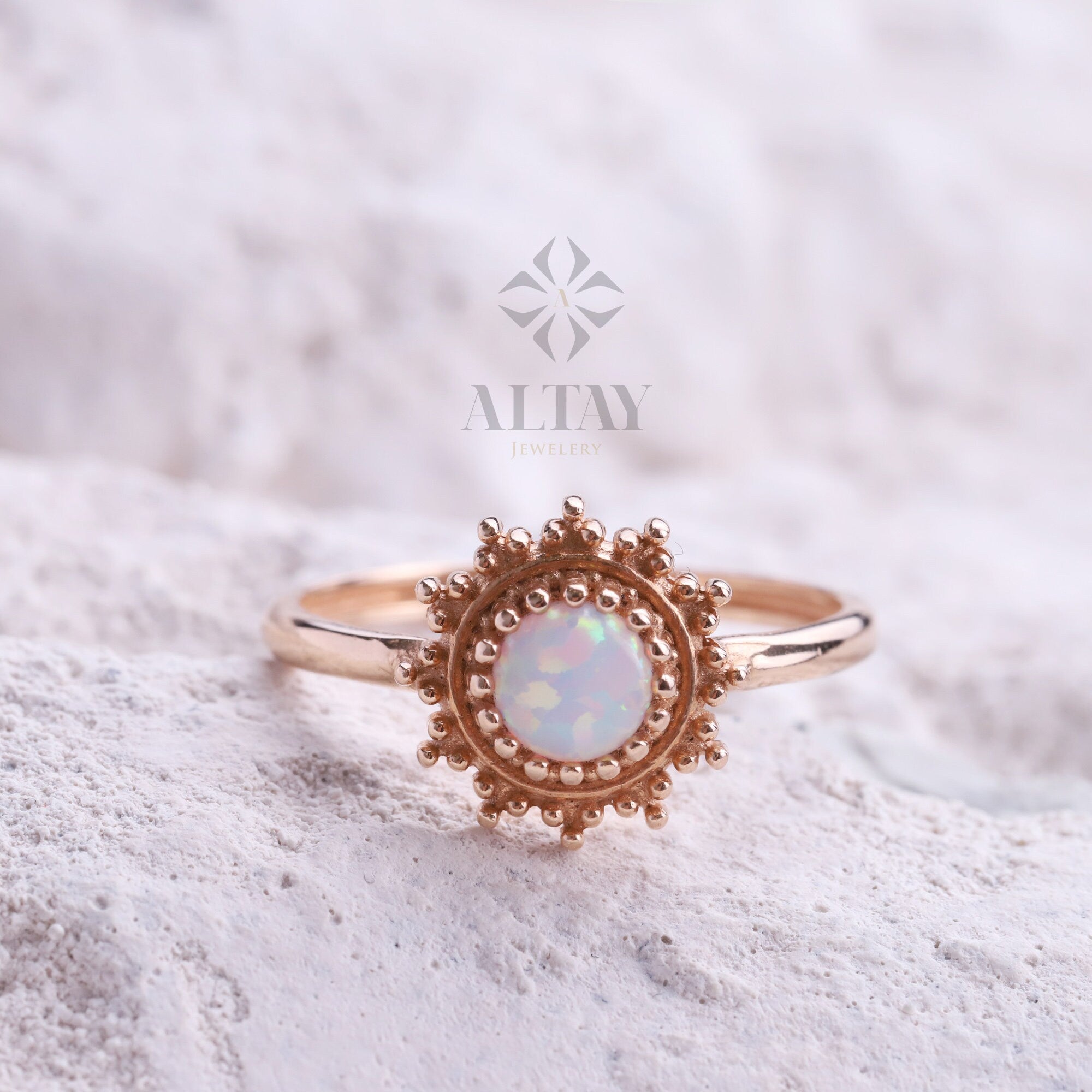 14K Gold Opal Ring, October Birthstone Ring, White Opal Stone, Round Cut Opal Ring, Mothers Day Gift, Gemstone Band, Engagement Ring