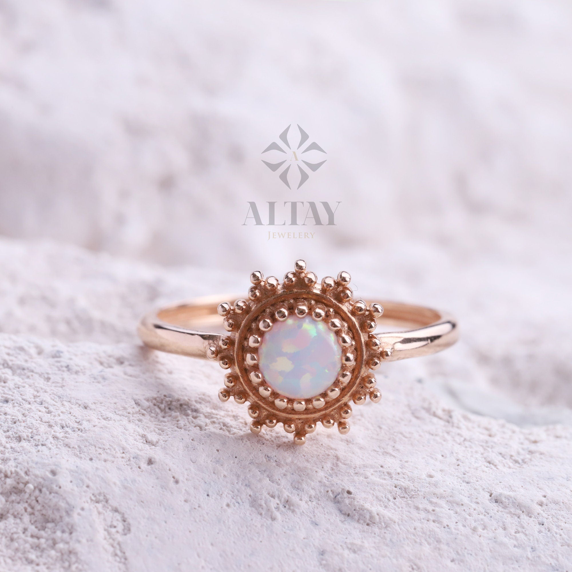 14K Gold Opal Ring, October Birthstone Ring, White Opal Stone, Round Cut Opal Ring, Mothers Day Gift, Gemstone Band, Engagement Band