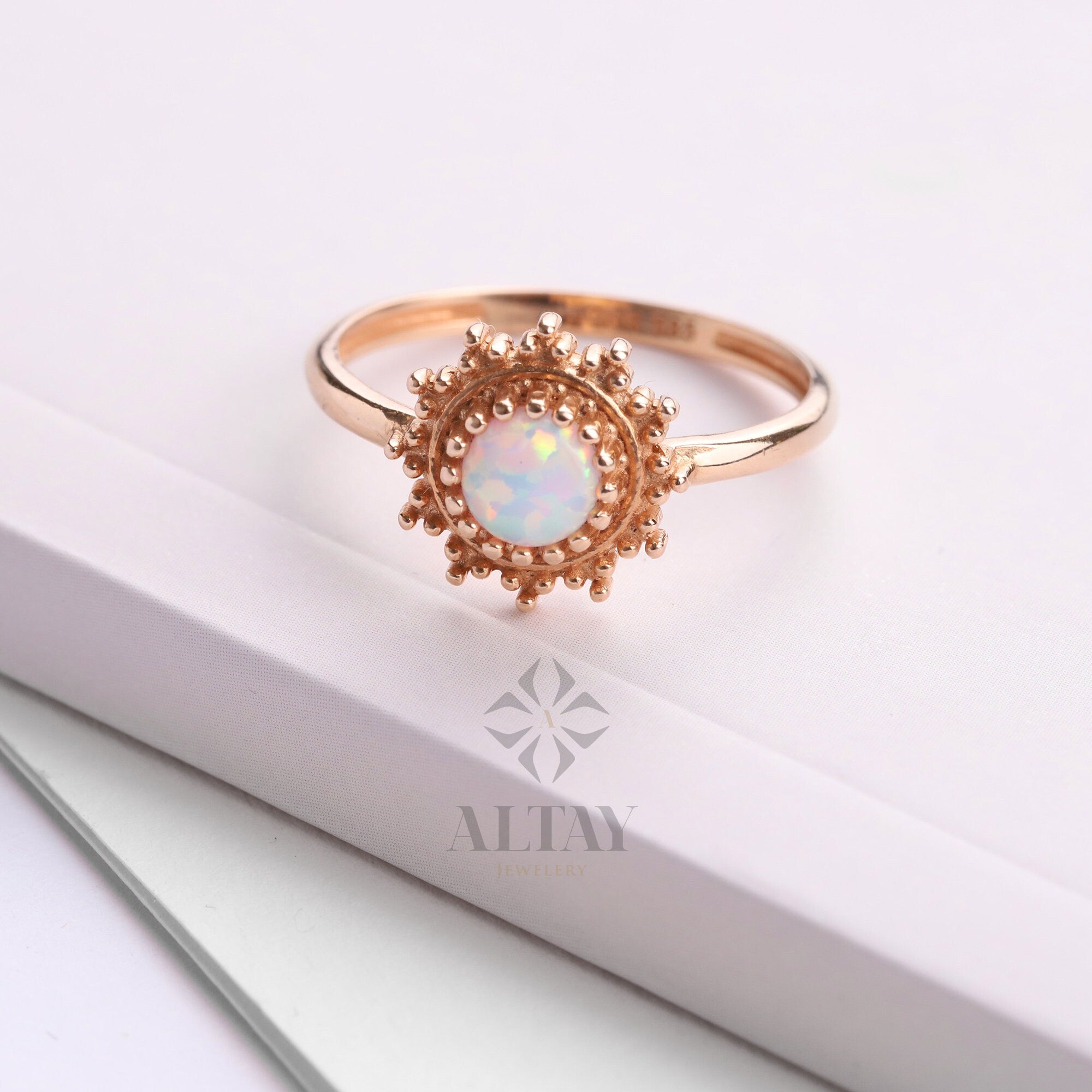 14K Gold Opal Ring, October Birthstone Ring, White Opal Stone, Round Cut Opal Ring, Mothers Day Gift, Gemstone Band, Engagement Ring