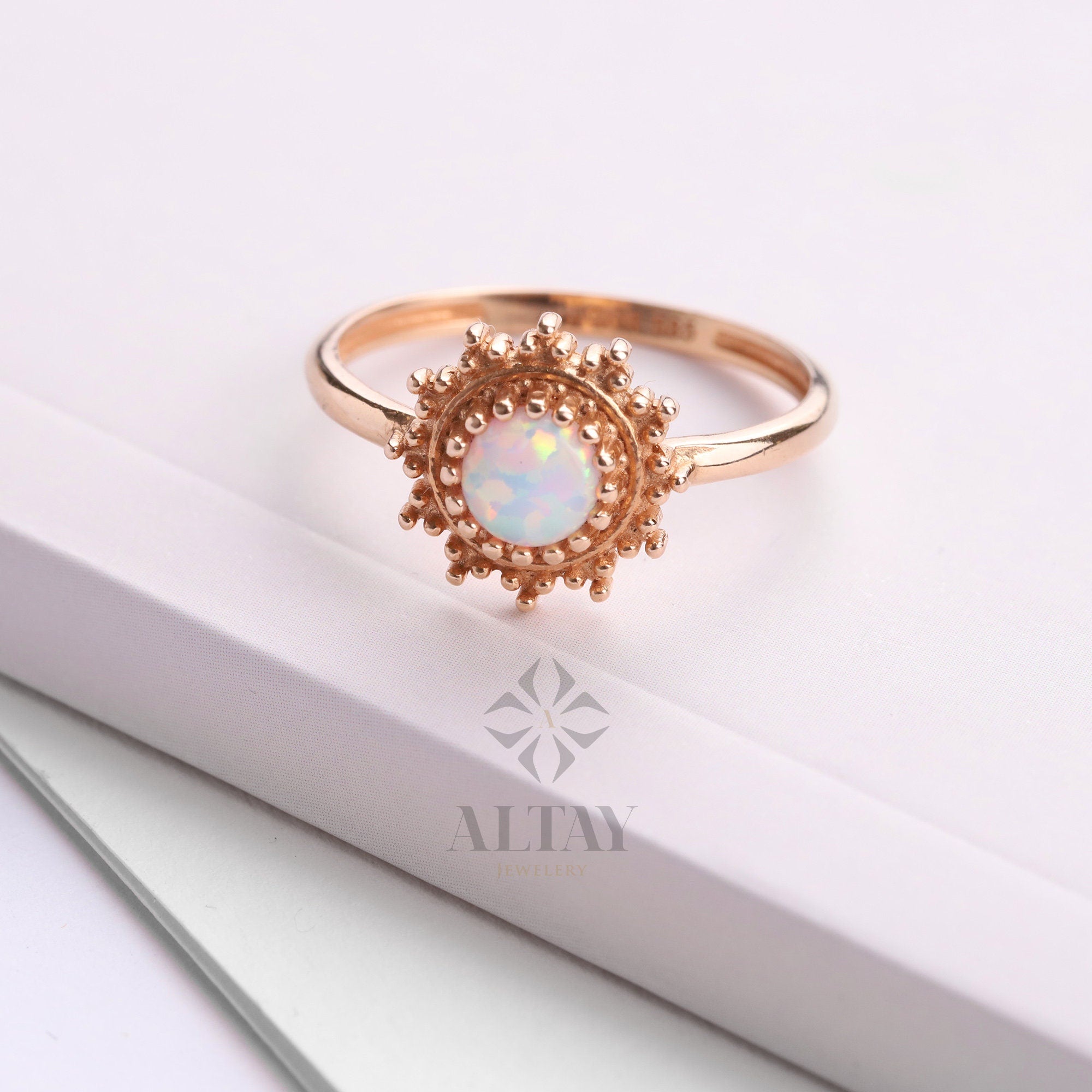 14K Gold Opal Ring, October Birthstone Ring, White Opal Stone, Round Cut Opal Ring, Mothers Day Gift, Gemstone Band, Engagement Band