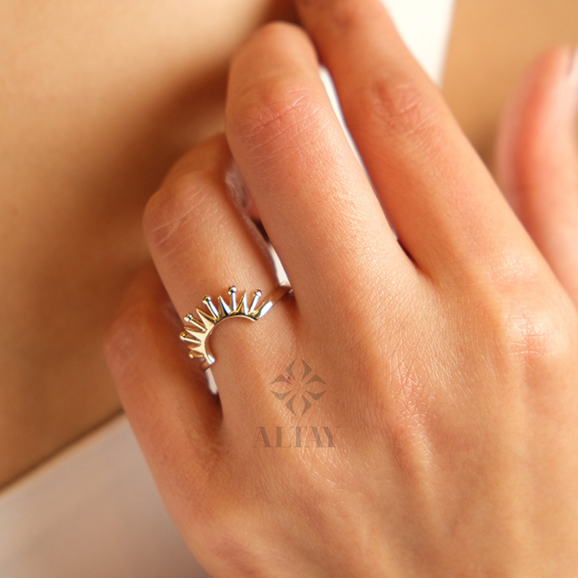 14K Gold Sunshine Ring, Half Sunburst Ring, Rising Sun Ring, Gold Crown Ring, Dainty Gold Ring, Celestial Jewelry, Stackable Ring, Gift