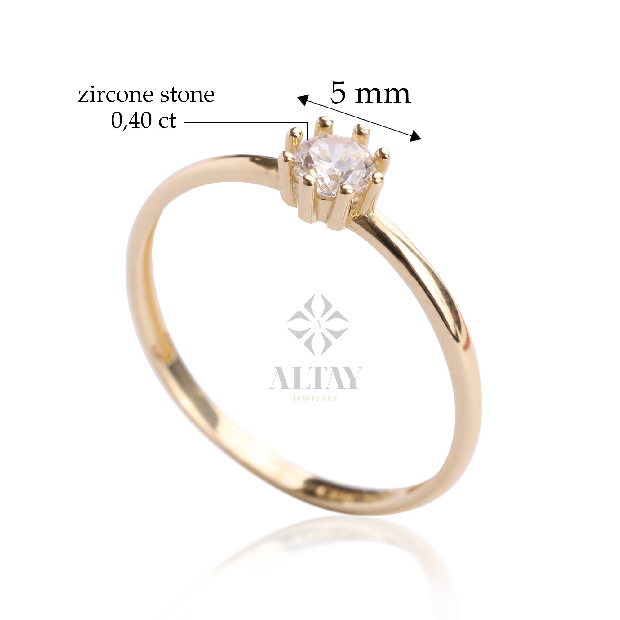 14K Gold Solitaire Ring, Promise Ring, Wedding Ring, Dainty Solitaire CZ Diamond Round Ring, Gold Thin Engagement Band Ring, Minimal Ring