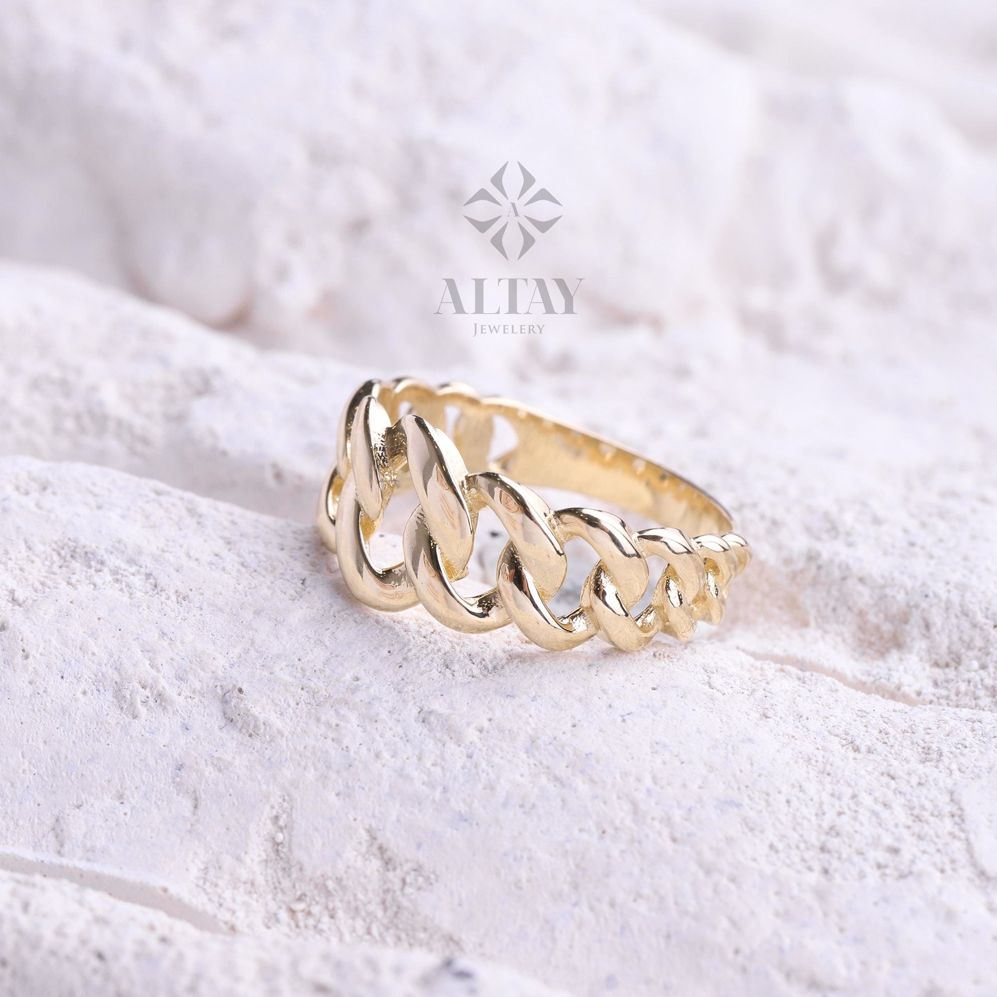 14K Gold Chain Ring, Cuban Link Ring, Thick Chain Curb Ring, Bold Chain Ring, Solid Gold Stacking Ring, Layering Minimalist Chain Link