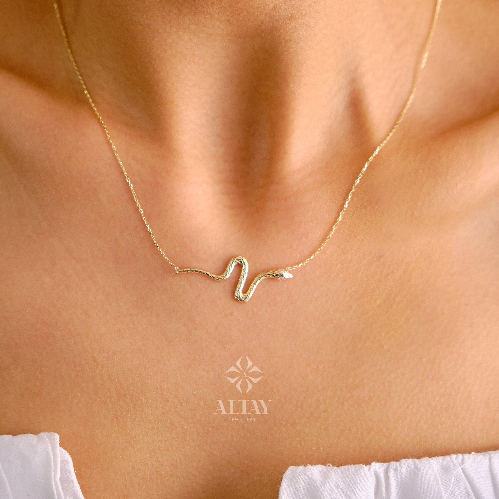 14K Gold Snake Necklace, Gold Snake Pendant, Animal Choker, Serpent Jewelry, Animal Jewelry, Birthday, Gift For Her